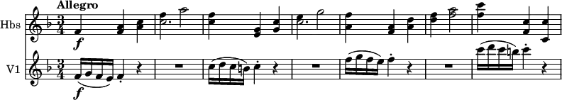 
<<
  \new Staff \with { instrumentName = #"Hbs "}  
  \relative c'' {
    \version "2.18.2"
    \key f \major
    \tempo "Allegro"
    \time 3/4
     f,4 \f <f a> <a c>
     << \relative  {f'' a2} \relative {c''2.} >> 
     <c f>4 <e, g> <g c> 
     << \relative  {e'' g2} \relative {c''2.} >>
     <a f'>4 <f a> <a d>
     <d f> <f a>2
     <f c'>4 <f, c'> <c c'>
  }
  \new Staff \with { instrumentName = #"V1 "}
  \relative c' {
  \version "2.18.2"
  \tempo "Allegro"
  \key f \major
  \time 3/4
  f16\f (g f e) f4-. r |
  R1*3/4 |
  c'16( d c b) c4-. r |
  R1*3/4 |
  f16( g f e) f4-. r |
  R1*3/4 |
  c'16( d c b) c4-. r |
}
>>
