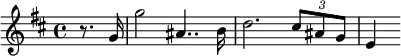 \relative c'' {\key b \minor \time 4/4 
\partial 4 r8. g16
g'2 ais,4.. b16
d2. \times 2/3 {cis8 ais g} e4}