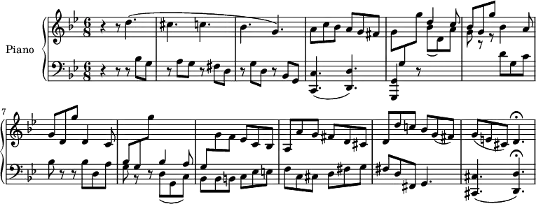 \version "2.14.2"
\header {
  tagline = ##f
}
upper = \relative c'' {
  \clef treble 
  \key bes \major
  \time 6/8
  \tempo 4 = 172
  \tempo "Presto"
  %\autoBeamOff
  r4 r8 d4.( cis c! bes g) | 
 %%% mesure 4
  a8 c bes a g fis | g \change Staff = "lower" g, \change Staff = "upper" g'' 
 %%% fin de la mesure 5, début 6
  << { d4 c8 bes8 g g' } \\ { bes,(d,) a' g r8 r8 } >> 
  bes4 a8 | 
 %%% mesure 7
  g d g' d,4 c8 |
 %%% mesure 8
  \change Staff = "lower" bes g \change Staff = "upper" g'' s4.
  %%% \change Staff = "lower" bes,,4 a8 |
  %%% mesure 9
  \change Staff = "lower" g,,8 \change Staff = "upper" g' f ees c bes | a a' g fis d cis | d d' c! bes g( fis) |
  g( e! cis) d4.\fermata
}
lower = \relative c {
  \clef bass
  \key bes \major
  \time 6/8
    
   r4 r8 r8 bes' g r8 a g r8 fis d | r8 g d r8 bes g | < c c, >4.( < d d, >) | < g, g, >4 r8 
   %%%% \change Staff = "upper"  \change Staff = "lower" 
   s4. s4. d''8 g, c bes r8 r8 bes8 d, a' | 
   %%% mesure 8
   g r8 r8 << { bes4 a8 } \\ { d,( g, c) } >>
   %%% mesure 9 
   << { s4. } \\ { bes8-\! bes b! } >> c ees e! f c cis d fis g fis d fis, g4. | < cis cis, >4.( < d d, >)\fermata
   
}
\score {
  \new PianoStaff <<
    \set PianoStaff.instrumentName = #"Piano"
    \new Staff = "upper" \upper
    \new Staff = "lower" \lower
  >>
  \layout {
    \context {
      \Score
      \remove "Metronome_mark_engraver"
    }
  }
  \midi { }
}