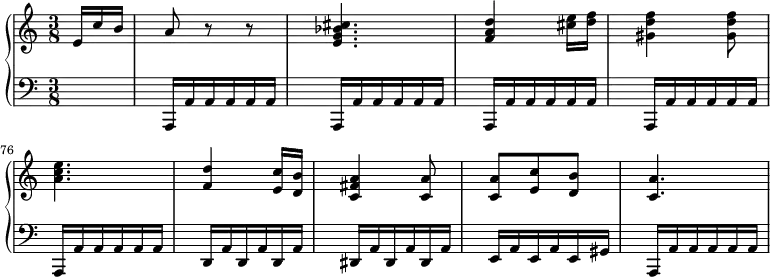 \version "2.14.2"
\header {
  tagline = ##f
}
upper = \relative c'' {
  \clef treble 
  \key a \minor
  \time 3/8
  \tempo 4 = 68
  %\autoBeamOff
  \set Staff.midiInstrument = #"piano"
   
   \partial 8. e,16 c' b a8 r8 r8
   < cis bes g e >4. < d a f >4 < e cis >16 < f d >
   < f d gis, >4 < f d gis, >8 < e c a >4. < d f, >4
   < c e, >16 < b d, > < a fis c >4 < a c, >8 < a c, > < c e, > < b d, > < a c, >4.
   
}
lower = \relative c' {
  \clef bass
  \key a \minor
  \time 3/8
  \set Staff.midiInstrument = #"piano"
  \set Score.currentBarNumber = #72
   s8. \repeat unfold 5 { a,,16 \repeat unfold 5 { a' } }
   \repeat unfold 3 { d,16 a' }
   \repeat unfold 3 { dis,16 a' }
   \repeat unfold 2 { e16 a } e gis
    a,16 \repeat unfold 5 { a' }
}
\score {
  \new PianoStaff <<
    \set PianoStaff.instrumentName = #""
    \new Staff = "upper" \upper
    \new Staff = "lower" \lower
  >>
  \layout {
    indent = #0
    \context {
      \Score
      \remove "Metronome_mark_engraver"
      \override SpacingSpanner.common-shortest-duration = #(ly:make-moment 1/2)
    }
  }
  \midi { }
}