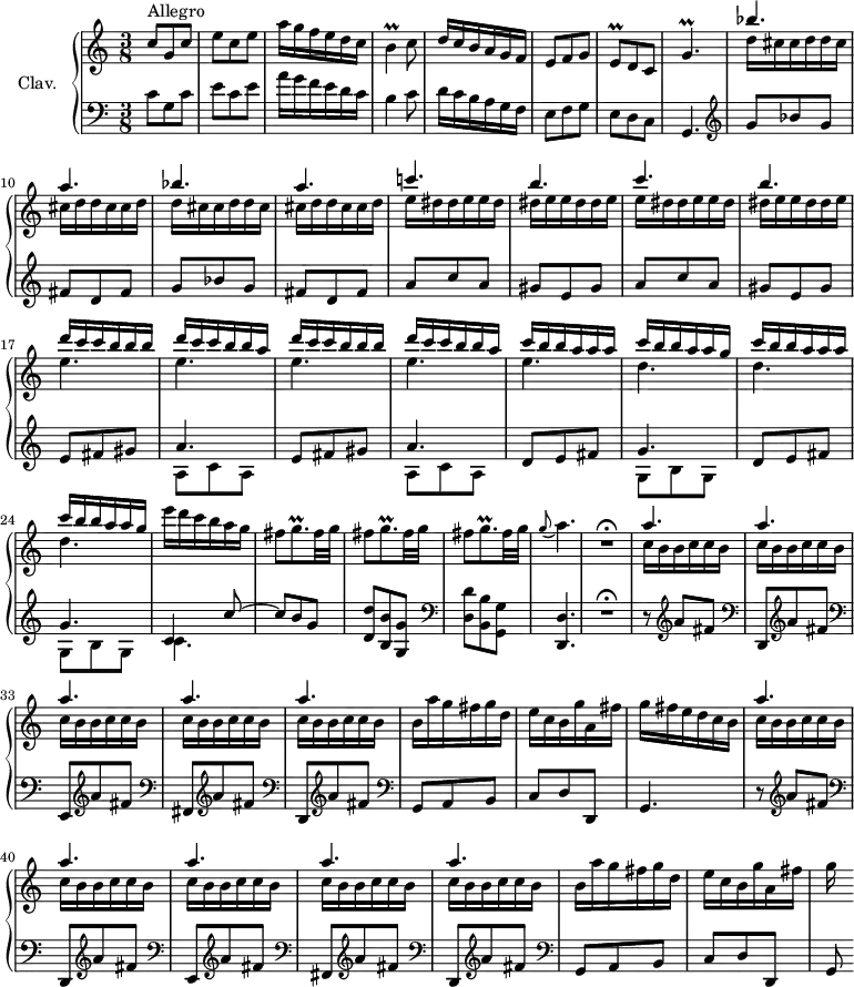 \version "2.18.2"
\header {
  tagline = ##f
}
%% les petites notes
trillB      = { \tag #'print { b4\prall } \tag #'midi { c32 b c b~ b8 } }
trillGpup   = { \tag #'print { g'4.\prall } \tag #'midi { a32 g a g~ g8~ g8 } }
trillGp     = { \tag #'print { g8.\prall } \tag #'midi { \times 2/3 { a32 g a } g16~ g16 } }
trillEq     = { \tag #'print { e8\prall } \tag #'midi { \times 2/3 { f32 e f } e16 } }
upper = \relative c'' {
  \clef treble 
  \key c \major
  \time 3/8
  \tempo 4. = 70
  \set Staff.midiInstrument = #"harpsichord"
     c8^\markup{Allegro} g c | e c e | a16 g f e d c | \trillB c8 | d16 c b a g f | e8 f g | \trillEq d8 c | \trillGpup |
     % ms. 9
     << { bes'4. | a | bes | a | c! | b | c | b |  \repeat unfold 2 { d16 c c  b b b | d c c  b b a } | \repeat unfold 2 { c16 b b a a a | c b b a a g } } \\ {  d16  \repeat unfold 5 { cis16 cis d d } cis16 cis d | e \repeat unfold 5 { dis16 dis e e } dis16 dis e | \repeat unfold 5 { e4. } | \repeat unfold 3 { d4. }  } >>
     % ms. 25
     e'16 d c b a g | \repeat unfold 3 { fis8 \trillGp fis32 g } | \appoggiatura g8 a4. | R4.\fermata |
     % ms. 31
     \repeat unfold 5 { << { a4. } \\ { c,16 b b c c b } >> } | 
     % ms. 36
     b16 a' g fis g d | e c b g' a, fis' | g fis e d c b | % << { a'4. } \\ { c,16 } >>
     % ms. 39
     \repeat unfold 5 { << { a'4. } \\ { c,16 b b c c b } >> } | 
     % ms. 44
     b16 a' g fis g d | e c b g' a, fis' | g 
}
lower = \relative c' {
  \clef bass
  \key c \major
  \time 3/8
  \set Staff.midiInstrument = #"harpsichord"
    % **************************************
     c8 g c | e c e | a16 g f e d c | b4 c8 | d16 c b a g f | e8 f g | e8 d8 c | g4.
     % ms. 9
     \clef treble \repeat unfold 2 { g''8 bes g fis d fis } | \repeat unfold 2 { a8 c a gis e gis } | \repeat unfold 2 { e8 fis gis | 
     % ms. 18
     << { a4. } \\ { a,8 c a } >> } | \repeat unfold 2 { d8 e fis << { g4. } \\ { g,8 b g } >> } | << { c4 c'8~ | c8 b g  } \\ { c,4. } >> | < d d' >8 < b b' > < g g' >  |  \clef bass < d d' >8 < b b' > < g g' > | < d d' >4. | R4.\fermata | 
     % ms. 31
     r8 \clef treble a'''8 fis  |  \clef bass d,,8 \clef treble a'''8 fis |   \clef bass e,,8 \clef treble a''8 fis |   \clef bass fis,,8 \clef treble a''8 fis |   \clef bass d,,8 \clef treble a'''8 fis | \clef bass g,,8 a b | c d d, | g4. | 
     % ms. 39
     r8 \clef treble a''8 fis  |  \clef bass d,,8 \clef treble a'''8 fis |   \clef bass e,,8 \clef treble a''8 fis |   \clef bass fis,,8 \clef treble a''8 fis |   \clef bass d,,8 \clef treble a'''8 fis | \clef bass g,,8 a b | c d d, | g8
}
thePianoStaff = \new PianoStaff <<
    \set PianoStaff.instrumentName = #"Clav."
    \new Staff = "upper" \upper
    \new Staff = "lower" \lower
  >>
\score {
  \keepWithTag #'print \thePianoStaff
  \layout {
      #(layout-set-staff-size 17)
    \context {
      \Score
     \override SpacingSpanner.common-shortest-duration = #(ly:make-moment 1/2)
      \remove "Metronome_mark_engraver"
    }
  }
}
\score {
  \keepWithTag #'midi \thePianoStaff
  \midi { }
}