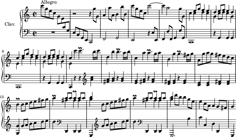 \version "2.18.2"
\header {
  tagline = ##f
  % composer = "Domenico Scarlatti"
  % opus = "K. 406"
  % meter = "Allegro"
}
%% les petites notes
trillCp     = { \tag #'print { c4.\prall } \tag #'midi { d32 c d c~ c4 } }
trillBp     = { \tag #'print { b4.\prall } \tag #'midi { c32 b c b~ b4 } }
trillAp     = { \tag #'print { a4.\prall } \tag #'midi { b32 a b a~ a4 } }
trillGp     = { \tag #'print { g4.\prall } \tag #'midi { a32 g a g~ g4 } }
trillB      = { \tag #'print { b4\prall } \tag #'midi { c32 b c b~ b8 } }
trillA      = { \tag #'print { a4\prall } \tag #'midi { b32 a b a~ a8 } }
upper = \relative c'' {
  \clef treble 
  \key c \major
  \time 2/2
  \tempo 2 = 82
      s8*0^\markup{Allegro}
      c'8 g e c  \stemDown g e \stemUp  \change Staff = "lower" c g \stemNeutral   \change Staff = "upper" | r2 r4 g''8 g, |
      a4 a'8 a, b4 b'8 b, | c'g e c c'2~ |
      % ms. 5
      c4 a2 g8 g, | c4 \repeat unfold 2 { 
      << { e8 g f4 e | d e8 f e4 d | c } 
       \\ { c4 d c | g c8 d c4 g | e } >> }
      % ms. 10 suite
      c''4 \trillCp b16 c | d,4 b'4 \trillBp a16 b | c,4 a' \trillAp g16 a |
      % ms. 13
      b,4 g' \trillGp fis16 g | a,8 g' a g fis e d c | \trillB \repeat unfold 2 { b8 c d e fis g |
      % ms. 18
      \trillA << { a8 a \trillA a8 a | b4 } \\ { fis4 fis fis | g4 } >> } | d'8 b b4 g8 e | e4 c8 a a4 g8 fis |
      % ms. 21
      g4 
      % ms. 25
      
}
lower = \relative c' {
  \clef bass
  \key c \major
  \time 2/2
    % ************************************** \appoggiatura a16  \repeat unfold 2 {  } \times 2/3 { }   \omit TupletNumber 
      R1 | e,8 c g e c2 | f g | e r4 e'8 e, |
      % ms. 5
      f4 f'8 f, g4 g'8 g, | c,1 | r4 g'4 g g | c,1 |
      % ms. 9
      r4 g'4 g g | c, r4 r4   \clef treble  < a''' c >4 | < fis a > < g b > r4 q | < e g > < fis a > r4 q |
      % ms. 13
      < d fis >4 < e g > r4 q | < c e > q < d fis > q | < g, g' > g'8 a b c d e | d4   \clef bass d,,, d d |
      % ms. 17
      g,4 \clef treble  g'''8 a b c d e | d4  \clef bass d,,, d d | g,2. b''4 | c c, d d, |
      % ms. 21
      g,4
      % ms. 25
      
}
thePianoStaff = \new PianoStaff <<
    \set PianoStaff.instrumentName = #"Clav."
    \new Staff = "upper" \upper
    \new Staff = "lower" \lower
  >>
\score {
  \keepWithTag #'print \thePianoStaff
  \layout {
      #(layout-set-staff-size 17)
    \context {
      \Score
     \override TupletBracket.bracket-visibility = ##f
     \override SpacingSpanner.common-shortest-duration = #(ly:make-moment 1/2)
      \remove "Metronome_mark_engraver"
    }
  }
}
\score {
  \keepWithTag #'midi \thePianoStaff
  \midi { \set Staff.midiInstrument = #"harpsichord" }
}