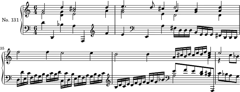 
\version "2.14.2"
\header {
  tagline = ##f
}
upper = \relative c'' {
  \clef treble 
  \key a \minor
  \time 6/4
  \tempo 4 = 85
  \set Staff.midiInstrument = #"harpsichord"
  \autoBeamOff
  \set Score.currentBarNumber = #33

    << { a2 d4 << cis2 a2 >> d4 } \\ { f,2 << g4 d4 >> e2 a4 } >> 
    << { e'4. d8 cis4 d2 << a4 d4 >> } \\ { << b2 g2 >> e4 d2 d4 } \\ { s2 s4 a'4 << b4 g >> } >> 
    f'2 f4 e2 e4 | d2 d4 
    << { a16 cis b d cis e d f << e4 cis4 >> } \\ { s4 s4 a4 } >>
    << { e'2 } \\ { r4 c8[ bes] } >>
}

lower = \relative c {
  \clef bass
  \key a \minor
  \time 6/4
  \set Staff.midiInstrument = #"harpsichord"

    d'4 d,, bes'' a a,,
  \clef treble 
    f''' | e 
  \clef bass 
    e,, a' fis16 d d d b g g g fis d d d |
    d'16 d' e, c' f, a g b a c b d c, c' d, b' e, g f a g b a c |
  \clef treble 
    b16 d c e d f e g f a g bes 
  \clef bass 
    << { e,8 f e << d b >> } \\ { a2 } >>
    << { << cis8 a >> a,,8 } \\ { s4 } >>
    c''8[ bes a g]
}

\score {
  \new PianoStaff <<
    \set PianoStaff.instrumentName = #"No. 131"
    \new Staff = "upper" \upper
    \new Staff = "lower" \lower
  >>
  \layout {
      #(layout-set-staff-size 17)
    \context {
      \Score
     \override SpacingSpanner.common-shortest-duration = #(ly:make-moment 1/2)
      \remove "Metronome_mark_engraver"
    }
  }
  \midi { }
}
