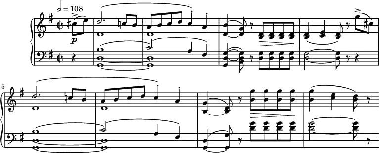 
\version "2.18.2"
\header {
  tagline = ##f
}
upper = \relative c'' {
  \clef treble 
  \key g \major
  \time 2/2
  \tempo 2 = 108

   %%Schubert — Allegretto D.894
   \partial 4 cis8->\p( e)
   << { d2.( c!8 b a b c d c4-.) a-. } \\ { d,1 d } >>
   < b' d, >4~^( < g d >8) r8 < d b >8\> q q q\! q4( < e c > < d b >8) r8
   g'8->( cis,) 
   << { d2.( c!8 b a b c d c4-.) a-. } \\ { d,1 d } >>
   < g b, >4^(~ < d b >8) r8
   < g' b, >8\> q q q\! < g b, >4( < e c >4 < d b >8) r8

}

lower = \relative c {
  \clef bass
  \key g \major
  \time 2/2

   r4 << { b'1~( c2)( a4 fis) } \\ { < d g, >1~ q } >>
   < g d g, >4(~ < g d b >8) r8 < g d >8 q q q q2~ q8 r8 r4
   << { b1~( c2)( a4 fis) } \\ { < d g, >1~ q } >>
   < d g, >4^(~ < g g, >8) r8
   < g' d >8 q q q q2~ q8 r8

}

  \header {
    piece = ""
  }

\score {
  \new PianoStaff <<
    \new Staff = "upper" \upper
    \new Staff = "lower" \lower
  >>
  \layout {
    \context {
      \Score
      
    }
  }
  \midi { }
}
