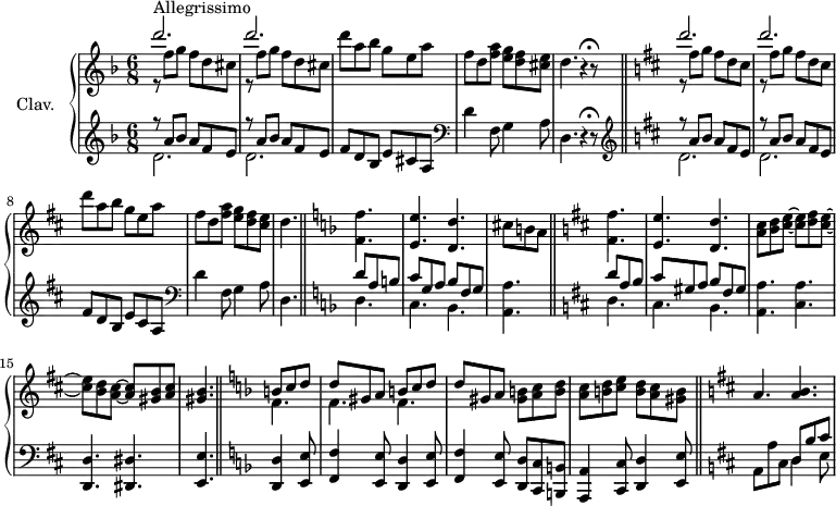 \version "2.18.2"
\header {
  tagline = ##f
  % composer = "Domenico Scarlatti"
  % opus = "K. 444"
  % meter = "Allegrissimo"
}
%% les petites notes
trillBesp     = { \tag #'print { bes4.\prall } \tag #'midi { c32 bes c bes~ bes4 } }
upper = \relative c'' {
  \clef treble 
  \key d \minor
  \time 6/8
  \tempo 4. = 102
  \set Staff.midiInstrument = #"harpsichord"
  \override TupletBracket.bracket-visibility = ##f
      s8*0^\markup{Allegrissimo}
      \repeat unfold 2 { << { d'2. } \\ { r8 f,8 g f d cis } >> } | d'8 a bes g e a | f d < f a >8 < e g > < d f  > < cis e > | d4.r4^\markup { \translate #'(1.1 . 0.1)
\musicglyph #"scripts.ufermata" } r8  \key d \major 
      % ms. 6 majeur
       \repeat unfold 2 { << { d'2. } \\ { r8 fis,8 g fis d cis } >> } | d'8 a b g e a | fis d < fis a >8 < e g > < d fis  > < cis e > | d4.  \bar "||" \key d \minor
      % ms. 10 suite mineur
      < f, f' >4. < e e' > < d d' > cis'8 b a | \bar "||"  \key d \major < fis fis' >4.
      % ms. 13 majeur
      < e e' >4. < d d' > | < a' cis >8 < b d > < cis e >~ q < d fis > < cis e >~ | q < b d > < a cis >~ q < gis b > < a cis > | <gis b >4. \key d \minor
      % ms. 16 fin mineur
      << { b8 c d | d gis, a b c d } \\ { f,4. f f } >> | d'8 gis, a < gis b >8 < a c > < b d > | < a c > < b d > < c e > < b d > < a c > < gis b > | \key d \major
      % ms. 20 majeur
      a4. < a b >4. |
      % ms. 21
      
}
lower = \relative c' {
  \clef bass
  \key d \minor
  \time 6/8
  \set Staff.midiInstrument = #"harpsichord"
  \override TupletBracket.bracket-visibility = ##f
     % ************************************** \appoggiatura \repeat unfold 2 {  } \times 2/3 { }
      \clef treble  \repeat unfold 2 { << { r8 a' bes a f e } \\ { d2. } >> } | f8 d bes e cis a \clef bass | d4 f,8 g4 a8 | d,4. r4^\markup { \translate #'(1.1 . 0.1)
\musicglyph #"scripts.ufermata" } r8 \bar "||"   \key d \major \clef treble 
      % ms. 6 majeur
      \repeat unfold 2 { << { r8 a'' b a fis e } \\ { d2. } >> } | fis8 d b e cis a \clef bass | d4 fis,8 g4 a8 | d,4.    \bar "||" \key d \minor
      % ms. 10 mineur
      << { d'8 a b | c g a bes f g } \\ { d4. | c bes } >> < a a' >4. \key d \major
      % ms. 12 fin majeur
      << { d'8 a b | cis gis a b fis gis } \\ { d4. | cis b } >> < a a' >4. < cis a' > < d, d' > < dis dis' > < e e' > \bar "||" \key d \minor
      % ms. 16 fin
      \repeat unfold 2 { < d d' >4 < e e' >8 | < f f' >4 < e e' >8 } < d d' >8 < c c' > < b b' > | < a a' >4 < c c' >8 < d d' >4 < e e' >8 |  \bar "||" \key d \major
      % ms. 20 majeur
      a8 a' cis, << { d8 b' cis } \\ { d,4 e8 } >>
      % ms. 21
      
}
thePianoStaff = \new PianoStaff <<
    \set PianoStaff.instrumentName = #"Clav."
    \new Staff = "upper" \upper
    \new Staff = "lower" \lower
  >>
\score {
  \keepWithTag #'print \thePianoStaff
  \layout {
      #(layout-set-staff-size 17)
    \context {
      \Score
     \override SpacingSpanner.common-shortest-duration = #(ly:make-moment 1/2)
      \remove "Metronome_mark_engraver"
    }
  }
}
\score {
  \keepWithTag #'midi \thePianoStaff
  \midi { }
}