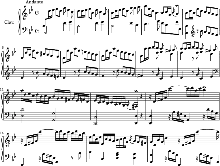 \version "2.18.2"
\header {
  tagline = ##f
  % composer = "Domenico Scarlatti"
  % opus = "K. 266"
  % meter = "Andante"
}
  \header {
    piece = "                  Andante"
  }
%% les petites notes
trillA        = { \tag #'print { a4\prall } \tag #'midi { bes32 a bes a~ a8} }
trillFis      = { \tag #'print { \appoggiatura g8 fis4\prall } \tag #'midi { g32 fis g fis~ fis8 } }
trillBes      = { \tag #'print { bes4\prall } \tag #'midi { c32 bes c bes~ bes8} }
 
upper = \relative c'' {
  \clef treble 
  \key bes \major
  \time 4/4
  \tempo 4 = 82
  \set Staff.midiInstrument = #"harpsichord"
  \override TupletBracket.bracket-visibility = ##f
      %s8*0^\markup{Andante}
      \stemUp  \change Staff = "lower" bes,8  \stemNeutral  \change Staff = "upper" d'16 ees f8 d g ees4 c8 | d8 d16 ees f8 bes, ees c4 a8 | bes8 d16 ees f8 d g8 g4 a8 |
      % ms. 4
      bes8 f16 d bes4~ bes8 c16 g \appoggiatura bes8 \trillA | bes8 d16 bes f'8 d c bes a g | f d'16 bes f'8 d cis bes a g |
      % ms. 7
      f8 f'16 d a'8 f e d c bes | a8 f'16 d a'8 f ees d c bes | a8 a'16 bes << { c8 bes a fis4 g8 | a8 a16 bes c8 bes a fis4 g8 } \\ { s8 d8 ees4 c | d r8 d8 ees4 c } >>
      % ms. 11
      a'16 d, ees c d bes c a bes g a fis g ees f d | ees c d bes c a bes g \trillFis r4 |
      % ms. 13
      r16 d'16 fis a c'4~ c16 d a c \trillBes | r16 d,,16 fis a c'4~ c16 d a c bes d g, bes |
      % ms. 15
      ees,16 g c, ees ees, c' bes a bes c d g, \acciaccatura bes8 a8 g16 fis | g d bes' g d'4 r16 d,16 fis a c'4~ |
      % ms. 17
      c16
      % ms. 19
      
      % ms. 21
      
}
lower = \relative c' {
  \clef bass
  \key bes \major
  \time 4/4
  \set Staff.midiInstrument = #"harpsichord"
  \override TupletBracket.bracket-visibility = ##f
    % ************************************** \appoggiatura a16  \repeat unfold 2 {  } \times 2/3 { }   \omit TupletNumber 
      \shiftOn bes,2 ees'4 f | bes,2 ees4 f | bes,2 ees4 c |
      % ms. 4
      d4. g8 ees c f f, | < bes, bes' >4   \clef treble  r8 bes''8 a g f ees | d4 r8 bes'8 a g f e |
      % ms. 7
      d4 r8 d'8 c bes a g | f4 r8 d'8 c bes a g | fis4 r8 g8 c,4 ees |
      % ms. 10
      d4 r8 g8 c,4 ees | \clef bass  < d, d' >2 < g, g' > < c, c' > < d d' >4 r4 |
      % ms. 13
      < d d' >4 r16 a''16 fis d g,4 r16 d''16 bes g  | d,4 r16 a''16 fis d g,4 r8 bes'8 |
      % ms. 15
      c4 c, < d g bes >4 < d a' > | < g, g' > r16 d''16 bes g d,4 r16 a''16 fis d |
      % ms. 17
      g,4*1/4
      % ms. 19
      
      % ms. 21
      
}
thePianoStaff = \new PianoStaff <<
    \set PianoStaff.instrumentName = #"Clav."
    \new Staff = "upper" \upper
    \new Staff = "lower" \lower
  >>
\score {
  \keepWithTag #'print \thePianoStaff
  \layout {
      #(layout-set-staff-size 17)
    \context {
      \Score
     \override SpacingSpanner.common-shortest-duration = #(ly:make-moment 1/2)
      \remove "Metronome_mark_engraver"
    }
  }
}
\score {
  \keepWithTag #'midi \thePianoStaff
  \midi { }
}