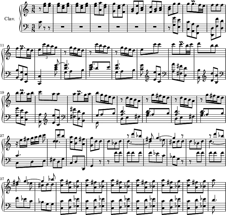 
\version "2.18.2"
\header {
  tagline = ##f
}

%% les petites notes
trillGqp     = { \tag #'print { g8.\prall } \tag #'midi { a32 g a g~ g16 } }
trillFqp     = { \tag #'print { f8.\prall } \tag #'midi { g32 f g f~ f16 } }
trillCqp     = { \tag #'print { c8.\prall } \tag #'midi { d32 c d c~ c16 } }
trillBqp     = { \tag #'print { b8.\prall } \tag #'midi { c32 b c b~ b16 } }
trillAqp     = { \tag #'print { a8.\prall } \tag #'midi { b32 a b a~ a16 } }

upper = \relative c'' {
  \clef treble 
  \key c \major
  \time 3/8
  \tempo 4 = 92
  \set Staff.midiInstrument = #"harpsichord"
  \override TupletBracket.bracket-visibility = ##f
  

     r8 < e g >8 q | \repeat unfold 2 { < e g >8 < c e > < e g > } | < e g > < a, a' > < d f > | < g, g' > < c e > < f, f' > | < b g > < e, e' > < a c > | < f d' > < g b > < a c > | < b d >8 g' g |
     % ms. 9
     g8 \trillGqp f32 e | f8 f f | f \trillFqp e32 d | e8 \times 2/3 { c'16 b a } g8 | r8 \omit TupletNumber \times 2/3 { g16 f e } d8 | r8 \times 2/3 { c'16 b a } g8 | r8 \times 2/3 { g16 f e } d8 |
     % ms. 16
     e8 c' c | c \trillCqp b32 c | d8 b b | b \trillBqp a32 b | c8 a a | a \trillAqp g32 a | b8 \times 2/3 { g16 f e } d8 |
     % ms. 23
     \repeat unfold 2 { r8 \times 2/3 { d16 c b } a8 | r8 \times 2/3 { g'16 fis e } d8 } \times 2/3 { r16 e16 fis } \times 2/3 { g[ a b] } c8 | << { d,8 c' b } \\ { d,4. } >> < c a' >8 < b g' > < a fis' > |
     % ms. 30
     < g g' >8 d' d | d bes d << { \mergeDifferentlyDottedOn r8 d'8 bes fis g4~ g r8 } \\ { d4.~ d4 ees8 cis d d } >> | d bes d << { r8 d'8 bes fis g4~ g bes8 } \\ { d,4.~ d4 ees8 cis d d } >> 
     % ms. 39
     \repeat unfold 6 { < c a' >8 < a fis' > < bes g' > } a'8
}

lower = \relative c' {
  \clef bass
  \key c \major
  \time 3/8
  \set Staff.midiInstrument = #"harpsichord"

    % **************************************
     c8 r8 r8 | R4.*6 | r8 < g g' >8 < e e' > |
     % ms. 9
     < c c' >8 < a a' > < f f' > | < d d' > < f' f' > < d d' > < b b' > < g g' > < e e' > | < c c' >4 << { g'''8~ < d g >4. | e8 d e < d g >4. } \\ { < c e >8 | g8 a b | < c g' >4. | g8 a b  } >>
     % ms. 16
     < c g' >8   \clef treble  < e e' >8[ < c c' >] |  \clef bass < a a'> < fis fis' > < d d' > < b b' > \clef treble  < d' d' >8[ < b b' >] | \clef bass < g g'> < e e' > < c c' > < a a' > \clef treble  < e'' e' >8[ < c c' >] | \clef bass < fis, fis' > < d d' > < b b' > << { g'8 a b } \\ { g,8 } >>
     % ms. 23
     \repeat unfold 2 { << { < a' d >4. | b8 a b } \\ { d,8 e fis | < g d' >4. } >> } | << { c4. } \\ { c,8 d e } >> | fis d g | c, d d, |
     % ms. 30
     g4 r8 | r8 f''8 f | f f f | f ees c | bes g r8 | r8 f'8 f | f f f | f ees c |
     % ms. 38      
     bes8 g g | \repeat unfold 6 { < c, c' >8 < d d' > < ees ees' > } << { d'4. } \\ { d,8 } >>

}

thePianoStaff = \new PianoStaff <<
    \set PianoStaff.instrumentName = #"Clav."
    \new Staff = "upper" \upper
    \new Staff = "lower" \lower
  >>

\score {
  \keepWithTag #'print \thePianoStaff
  \layout {
      #(layout-set-staff-size 17)
    \context {
      \Score
     \override SpacingSpanner.common-shortest-duration = #(ly:make-moment 1/2)
      \remove "Metronome_mark_engraver"
    }
  }
}

\score {
  \keepWithTag #'midi \thePianoStaff
  \midi { }
}
