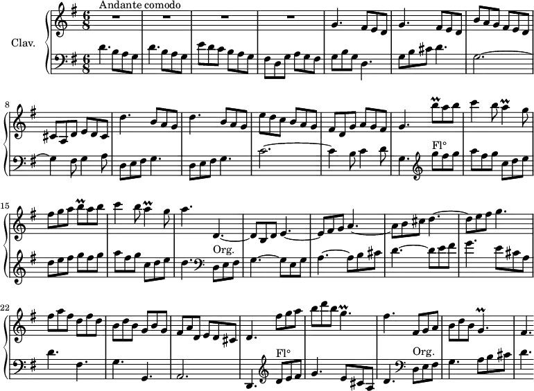 \version "2.18.2"
\header {
  tagline = ##f
  % composer = "Domenico Scarlatti"
  % opus = "K. 328"
  % meter = "Andante comodo"
}
%% les petites notes
trillBqUp       = { \tag #'print { b'8\prall } \tag #'midi { c32 b c b } }
trillA          = { \tag #'print { a4\prall } \tag #'midi { b32 a b a~ a8 } }
trillBq         = { \tag #'print { b8\prall } \tag #'midi { c32 b c b } }
trillGp         = { \tag #'print { g4.\prall } \tag #'midi { a32 g a g~ g4 } }
upper = \relative c'' {
  \clef treble 
  \key g \major
  \time 6/8
  \tempo 4. = 92
  \set Staff.midiInstrument = #"harpsichord"
  \override TupletBracket.bracket-visibility = ##f
      s8*0^\markup{Andante comodo}
      R2.*4 | \repeat unfold 2 { g4. fis8 e d } |  
      % ms. 7
      b'8 a g fis e d | cis a d e d cis | \repeat unfold 2 { d'4. b8 a g } |
      % ms. 11
      e'8 d c b a g | fis d g a g fis | g4. \trillBqUp a8 b | c4 b8 \trillA g8 | fis g a \trillBq a8 b |
      % ms. 16
      c4 b8 \trillA g8 | a4. d,,4.~ | d8 b d e4.~ | e8 fis g a4.~ | a8 b cis d4.~ |
      % ms. 21
      d8 e fis g4. | fis8 a fis d fis d | b d b g b g | fis a d, e d cis | d4. fis'8 g a |
      % ms. 26
      b8 d b \trillGp | fis4. fis,8 g a | b d b \trillGp | fis4. 
      % ms. 31
      
}
lower = \relative c' {
  \clef bass
  \key g \major
  \time 6/8
  \set Staff.midiInstrument = #"harpsichord"
  \override TupletBracket.bracket-visibility = ##f
    % ************************************** \appoggiatura a16  \repeat unfold 2 {  } \times 2/3 { }   \omit TupletNumber 
      \repeat unfold 2 { d4. b8 a g } | e'8 d c b a g | fis d g a g fis | g b g | d4. |
      % ms. 6
      g8 b cis d4. | g,2.~ | g4 fis8 g4 a8 | \repeat unfold 2 { d,8 e fis g4. } |
      % ms. 11
      c2.~ | c4 b8 c4 d8 | g,4.   \clef treble  g''8^\markup{Fl°} fis g | a fis g c, d e | d e fis g fis g |
      % ms. 16
      a8 fis g c, d e | d4.   \clef bass  d,,8^\markup{Org.} e fis | g4.~ g8 e g | a4.~ a8 b cis | d4.~ d8 e fis |
      % ms. 21
      g4. e8 cis a | d4. fis, | g g, | a2. | d,4.  \clef treble   d''8^\markup{Fl°} e fis |
      % ms. 26
      g4. e8 cis a | d4.  \clef bass  d,8^\markup{Org.} e fis | g4. a8 b cis | d4. 
      % ms. 31
      
}
thePianoStaff = \new PianoStaff <<
    \set PianoStaff.instrumentName = #"Clav."
    \new Staff = "upper" \upper
    \new Staff = "lower" \lower
  >>
\score {
  \keepWithTag #'print \thePianoStaff
  \layout {
      #(layout-set-staff-size 17)
    \context {
      \Score
     \override SpacingSpanner.common-shortest-duration = #(ly:make-moment 1/2)
      \remove "Metronome_mark_engraver"
    }
  }
}
\score {
  \keepWithTag #'midi \thePianoStaff
  \midi { }
}