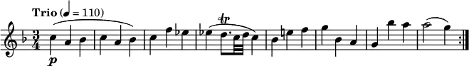 
\relative c' {
  \version "2.18.2"
  \key f \major
  \time 3/4
  \tempo "Trio" 4 = 110
  c'4\p (a bes c a bes) 
  c f ees
  ees (d8.\trill c32 d c4)
  bes e! f 
  g bes, a
  g bes' a
  a2 (g4)  \bar ":|."
}
