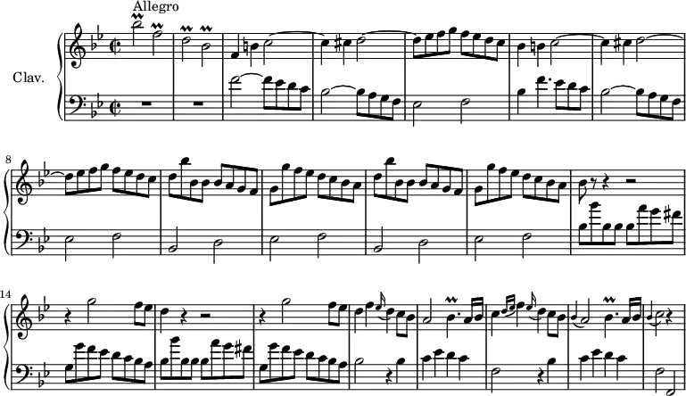 \version "2.18.2"
\header {
  tagline = ##f
}
%% les petites notes
trillBesUp = { \tag #'print { bes'2\prall } \tag #'midi { c32 bes c bes~ bes8~ bes4 } }
trillBes = { \tag #'print { bes2\prall } \tag #'midi { c32 bes c bes~ bes8~ bes4 } }
trillF = { \tag #'print { f2\prall } \tag #'midi { g32 f g f~ f8~ f4 } }
trillD = { \tag #'print { d2\prall } \tag #'midi { ees32 d ees d~ d8~ d4 } }
trillBesqp = { \tag #'print { bes4.\prall } \tag #'midi { c32 bes c bes~ bes8~ bes8 } }
appoC = { \tag #'print { \appoggiatura bes4 c2 } \tag #'midi { bes4 c4 } }
fMuet = { \tag #'print { f4 } \tag #'midi { s4 } }
upper = \relative c'' {
  \clef treble 
  \key bes \major
  \time 2/2
  \tempo 2 = 90
  \set Staff.midiInstrument = #"harpsichord"
      s8*0^\markup{Allegro}
      \trillBesUp \trillF | \trillD \trillBes | \fMuet b4 c2~ | c4 cis d2~ | d8 ees f g f ees d c | bes4 b c2~ | c4 cis d2~ | d8 ees f g f ees d c |
      % ms. 9
      \repeat unfold 2 { d8 bes' bes, bes bes a g f | g g' f ees d c bes a } |
      % ms. 13
      bes8 r8 r4 r2 | r4 g'2 f8 ees | d4 r4 r2 | r4 g2 f8 ees |
      % ms. 17
      d4 f \appoggiatura ees16 d4 c8 bes | a2 \trillBesqp a16 bes | c4 \grace { d16( ees } f4) \appoggiatura ees16 d4 c8 bes | \appoggiatura bes4 a2 \trillBesqp a16 bes |
      % ms. 21
      \appoC r4 s4
}
lower = \relative c' {
  \clef bass
  \key bes \major
  \time 2/2
  \set Staff.midiInstrument = #"harpsichord"
    % **************************************
      R1*2 | f2~ f8 ees d c  | bes2~ bes8 a g f | ees2 f | bes4 f'4. ees8 d c | bes2~ bes8 a g f | ees2 f |
      \repeat unfold 2 { bes,2 d | ees f } |
      % ms. 13
      \repeat unfold 2 { bes8 bes' bes, bes bes a' g fis | g, g' f ees d c bes a } |
      % ms. 17
      bes2 \repeat unfold 2 { r4 bes4 | c4 ees d c | f,2 } f,2 | 
}
thePianoStaff = \new PianoStaff <<
    \set PianoStaff.instrumentName = #"Clav."
    \new Staff = "upper" \upper
    \new Staff = "lower" \lower
  >>
\score {
  \keepWithTag #'print \thePianoStaff
  \layout {
      #(layout-set-staff-size 17)
    \context {
      \Score
     \override SpacingSpanner.common-shortest-duration = #(ly:make-moment 1/2)
      \remove "Metronome_mark_engraver"
    }
  }
}
\score {
  \keepWithTag #'midi \thePianoStaff
  \midi { }
}