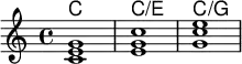 <<
    \new ChordNames \chordmode {
  c1 c:/e c:/g
  
}
        \new Staff \relative c' {
<c e g> <e g c> <g c e>}
  >>