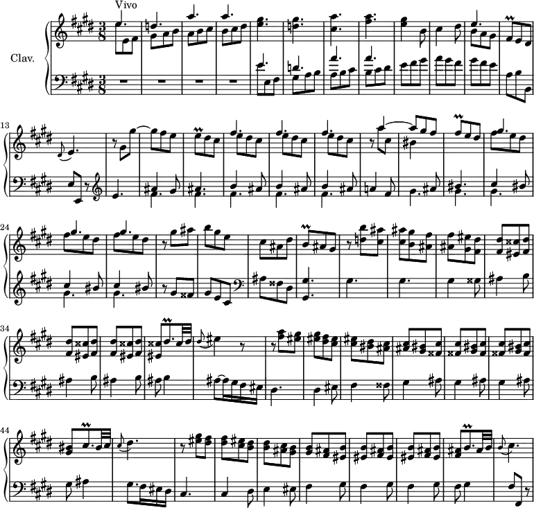 
\version "2.18.2"
\header {
  tagline = ##f
  % composer = "Domenico Scarlatti"
  % opus = "K. 264"
  % meter = "Vivo"
}

%% les petites notes
trillFisq       = { \tag #'print { fis8\prall } \tag #'midi { gis32 fis gis fis } }
trillEq         = { \tag #'print { e8\prall } \tag #'midi { fis32 e fis e } }
trillBq         = { \tag #'print { b8\prall } \tag #'midi { cis32 b cis b } }
trillDisqp      = { \tag #'print { dis8.\prall } \tag #'midi { e32 dis e dis~ dis16 } }
trillDisqpUp    = { \tag #'print { dis'8.\prall } \tag #'midi { e32 dis e dis~ dis16 } }
trillCisqpUp    = { \tag #'print { cis'8.\prall } \tag #'midi { dis32 cis dis cis~ cis16 } }
trillCisqp      = { \tag #'print { cis8.\prall } \tag #'midi { dis32 cis dis cis~ cis16 } }
trillBqp        = { \tag #'print { b8.\prall } \tag #'midi { cis32 b cis b~ b16 } }

upper = \relative c'' {
  \clef treble 
  \key e \major
  \time 3/8
  \tempo 4. = 90

      s8*0^\markup{Vivo}
      << { e4. d! a' a } \\ { e8 e, fis | gis a b | a b cis | b cis dis } >> | < e gis >4. | < d gis > | 
      % ms. 7
      < cis a' >4. | < fis a > | < e gis >4 b8 | cis4 dis8 |
      << { e4. } \\ { b8 a gis } >> | \trillFisq e8 dis | \appoggiatura dis8 e4. |
      % ms. 14
      r8 gis gis'~ | gis fis e | \trillEq dis8 cis | \repeat unfold 3 { << { fis4. } \\ { e8 dis cis } >> } |
      % ms. 20
      r8  << { a'4~ | a8 gis fis | \trillFisq e8 dis } \\ { a'8 cis, | bis4 } >> |
      \repeat unfold 3 { << { gis'4. } \\ { fis8 e dis } >> } | r8 gis8 ais | b gis e |
      % ms. 28
      cis ais dis | \trillBq ais8 gis | r8 < d' b' >8 < cis ais' > | < cis ais' > < b gis' > < ais fis' > |
      q < gis eis' >8 < fis dis' > | \repeat unfold 3 { q < eis cisis' >8 < fis dis' > }
      % ms. 36
      < eis cisis' >8 \trillDisqpUp cisis32 dis  | \appoggiatura dis8 eis4 r8 |
      r8 < fis a >8 < eis gis > | q < dis fis > < cis eis > | q < bis dis > < ais cis > |
      % ms. 41
      q < gis bis > < fisis cis' > | \repeat unfold 2 { q < gis bis > < fisis cis' > } |
      < gis bis >8 \trillCisqp bis32 cis | \appoggiatura cis8 dis4. | r8 < eis gis >8 < dis fis > | q < cis eis > < b dis > |
      % ms. 48
      q < ais cis >8 < gis b > | q < fis ais >8 < eis b' > |
      \repeat unfold 2 { q < fis ais >8 < eis b' > } | < fis ais >8 \trillBqp ais32 b | \appoggiatura b8 cis4. |

}

lower = \relative c' {
  \clef bass
  \key e \major
  \time 3/8

    % ************************************** \appoggiatura a16  \repeat unfold 2 {  } \times 2/3 { }   \omit TupletNumber 
      R4.*4 << { e4. d! a' a } 
       \\ { e8 e, fis | gis a b | a b cis | b cis dis } >>
      % ms. 9
      e8 fis gis | a gis fis | gis fis e | a, b b, | e e, r8   \clef treble  |
      % ms. 14
      e''4. << { ais4 gis8 | ais4. | \repeat unfold 3 { b4 ais8 } } \\ { \repeat unfold 5 { fis4. } } >>  | a!4 fis8 |
      % ms. 21
      << { s4 ais8 | bis4. | \repeat unfold 3 { cis4 bis8 } } 
       \\ { \repeat unfold 5 { gis4. } } >> r8 gis8 fisis | gis e cis   \clef bass |
      % ms. 28
      ais8 fisis dis | < gis, gis' >4. gis' gis | gis4 gisis8 |
      % ms. 33
      \repeat unfold 3 { ais4 b8 } | ais8 b4 | ais8~ ais16 gis fis eis | dis4. | dis4 eis8 | fis4 fisis8 |
      % ms. 41
      \repeat unfold 3 { gis4 ais8 } | gis8 ais4 | gis8. fis16 eis dis | cis4. | cis4 dis8 |
      % ms. 48
      e4 eis8 | \repeat unfold 3 { fis4 gis8 } | fis8 gis4 | fis8 fis, r8

}

thePianoStaff = \new PianoStaff <<
    \set PianoStaff.instrumentName = #"Clav."
    \new Staff = "upper" \upper
    \new Staff = "lower" \lower
  >>

\score {
  \keepWithTag #'print \thePianoStaff
  \layout {
      #(layout-set-staff-size 17)
    \context {
      \Score
     \mergeDifferentlyDottedOn
     \override TupletBracket.bracket-visibility = ##f
     \override SpacingSpanner.common-shortest-duration = #(ly:make-moment 1/2)
      \remove "Metronome_mark_engraver"
    }
  }
}

\score {
  \keepWithTag #'midi \thePianoStaff
  \midi { \set Staff.midiInstrument = #"harpsichord" }
}

