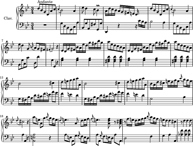
\version "2.18.2"
\header {
  tagline = ##f
  % composer = "Domenico Scarlatti"
  % opus = "K. 234"
  % meter = "Andante"
}

%% les petites notes
trillBes       = { \tag #'print { bes4\prall } \tag #'midi { c32 bes c bes~ bes8 } }

upper = \relative c'' {
  \clef treble 
  \key g \minor
  \time 3/4
  \tempo 4 = 88
  \set Staff.midiInstrument = #"harpsichord"
  \override TupletBracket.bracket-visibility = ##f

      s8*0^\markup{Andante}
      d8 bes g d a' c | \appoggiatura c4 bes2 a4 | ees'8 d4 c8 \trillBes | a16 d c bes a g fis e d s16 s8 |
      % ms. 5
      d'8 bes g d a' c | \appoggiatura c4 bes2 a4 | ees'8 d4 g,8 \appoggiatura bes16 a8 g16 fis | \appoggiatura fis4 g2 r4 |
      % ms. 9
      \repeat unfold 2 { ees16 d g fis bes a ees' d g fis bes g | a8 ees d c bes a } | 
      % ms. 13
      \repeat unfold 2 { bes2 cis4 | d8 e f g a a, }
      % ms. 17
      bes16 a d cis e d f e \appoggiatura a16 g8 f16 e | \appoggiatura d8 cis2 r4 | a'8 e a, g' \appoggiatura a16 g8 f16 e | \appoggiatura d8 e4. a,8 d e16 f |
      % ms. 21
      \appoggiatura f16 e4. < a, d f >8 r8 < a cis e > | r8 f'16 e d e f g \appoggiatura bes16 a8 g16 f | e8 d d4 cis | r8 d4 d d8~ |

}

lower = \relative c' {
  \clef bass
  \key g \minor
  \time 3/4
  \set Staff.midiInstrument = #"harpsichord"
  \override TupletBracket.bracket-visibility = ##f

    % ************************************** \appoggiatura a16  \repeat unfold 2 {  } \times 2/3 { }   \omit TupletNumber 
      R2. | g8 d bes g c a' | bes, g' a, fis' g, g' | d,4 r4 r16 c''16 bes a |
      % ms. 5
      bes2 a4 | g8 d bes g c a' | bes, g' c, c' d,[ d'] | g,4 g, r4 | 
      % ms. 9
      \repeat unfold 2 { < g' bes >4 q q | < fis a d > q q }
      % ms. 13
      \repeat unfold 2 { g16 fis bes a d cis f e a8 g | f4 e d } | 
      % ms. 17
      g,2 bes4 | a a, r4 | < a e' a >2 r4 | a'8 e a, g' \appoggiatura g16 f8 e16 d |
      % ms. 21
      a'8 a,  \appoggiatura g'16 f8 e16 d a'8 a, | d2 f4 | g a a, | < aes' f' > q q |

}

thePianoStaff = \new PianoStaff <<
    \set PianoStaff.instrumentName = #"Clav."
    \new Staff = "upper" \upper
    \new Staff = "lower" \lower
  >>

\score {
  \keepWithTag #'print \thePianoStaff
  \layout {
      #(layout-set-staff-size 17)
    \context {
      \Score
     \override SpacingSpanner.common-shortest-duration = #(ly:make-moment 1/2)
      \remove "Metronome_mark_engraver"
    }
  }
}

\score {
  \keepWithTag #'midi \thePianoStaff
  \midi { }
}
