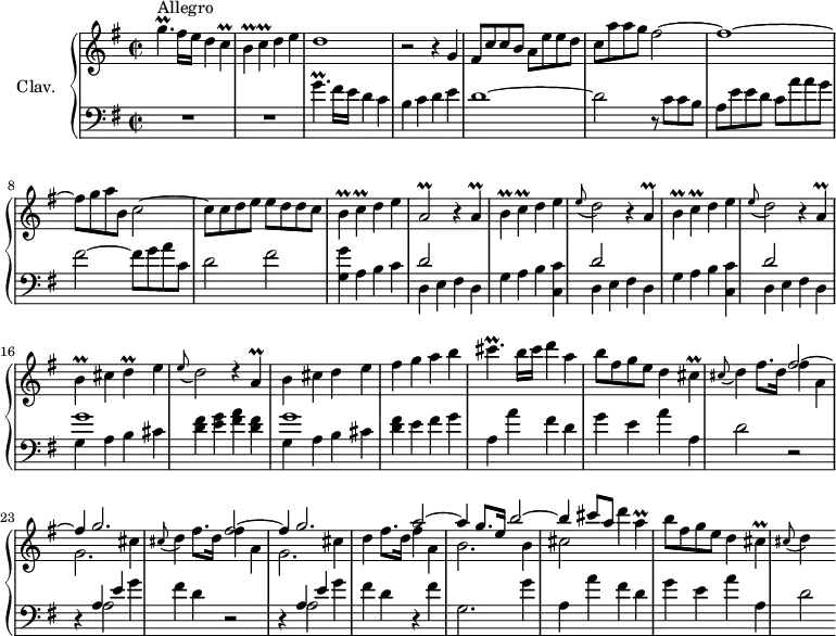 \version "2.18.2"
\header {
  tagline = ##f
  % composer = "Domenico Scarlatti"
  % opus = "K. 493"
  % meter = "Allegro"
}
%% les petites notes
trillGpUp    = { \tag #'print { g'4.\prall } \tag #'midi { \times 2/3 { a16 g a } g4 } }
trillCp      = { \tag #'print { c4\prall } \tag #'midi { \times 2/3 { d16 c d } c8 } }
trillBp      = { \tag #'print { b4\prall } \tag #'midi { \times 2/3 { c16 b c } b8 } }
trillAbDown  = { \tag #'print { a,2\prall } \tag #'midi { \times 2/3 { b16 a b } a4. } }
trillA       = { \tag #'print { a4\prall } \tag #'midi { \times 2/3 { b16 a b } a8 } }
trillDp      = { \tag #'print { d4\prall } \tag #'midi { \times 2/3 { e16 d e } d8 } }
trillCisp    = { \tag #'print { cis4.\prall } \tag #'midi { \times 2/3 { d16 cis d } cis4 } }
trillCis     = { \tag #'print { cis4\prall } \tag #'midi { \times 2/3 { d16 cis d } cis8 } }
upper = \relative c'' {
  \clef treble 
  \key g \major
  \time 2/2
  \tempo 2 = 72
      s8*0^\markup{Allegro}
      \trillGpUp fis16 e d4 \trillCp | \trillBp \trillCp d4 e | d1 | r2 r4 g,4 | fis8 c' c b a e' e d |
      % ms. 6
      c8 a' a g fis2~ | fis1~ | fis8 g a b, c2~ | c8 c d e e d d c | \trillBp \trillCp d4 e | 
      % ms. 11
      \trillAbDown \repeat unfold 2 { r4 \trillA | \trillBp \trillCp d4 e | \appoggiatura e8 d2 } r4 \trillA |  \trillBp cis4 \trillDp e4 | 
      % ms. 17
      \appoggiatura e8 d2 d4\rest \trillA | b4 cis d e | fis g a b | \trillCisp b16 cis d4 a | b8 fis g e d4 \trillCis | \repeat unfold 2 { \appoggiatura cis8 d4 fis8. d16 
      % ms. 22 fin…
      << { fis2~ | fis4 g2. } 
       \\ { fis4 a, | g2. cis4  } >> } | d4 fis8. d16 
      << { a'2~ | a4 g8. e16 b'2~ | b4 cis8 a } 
       \\ { fis4 a, | b2. b4 | cis2 } >>
      % ms. 28 suite…
      d'4 \trillA  | b8 fis g e d4 \trillCis | \appoggiatura cis8 d4 s4
      % ms. 33
      
      % ms. 38
      
      % ms. 43
      
}
lower = \relative c' {
  \clef bass
  \key g \major
  \time 2/2
    % ************************************** \appoggiatura a16  \repeat unfold 2 {  } \times 2/3 { }   \omit TupletNumber 
      R1*2 | \trillGpUp fis16 e d4 c | b c d e | d1~ |
      % ms. 6
      d2 r8 c c b | a e' e d c a' a g | fis2~ fis8 g a c, | d2 fis | < g, g' >4 a b c | 
      % ms. 11
      << { d2 } \\ { d,4 e fis d } >> | \repeat unfold 2 {  g4 a b < c, c' > << { d'2 } \\ { d,4 e fis d } >> } | << { g'1 } \\ { g,4 a b cis } >> |
      % ms. 17
      < d fis >4 < e g > < fis a > < d fis > | << { g1 } \\ { g,4 a b cis } >> | < d fis >4 e fis g | a, a' fis d | g e a a, | d2 r2 |
      % ms. 23
      r4 << { a4 e' } \\ { a,2 } >> g'4 | fis d r2 | r4 << { a4 e' } \\ { a,2 } >> g'4 | fis d r4 fis4 | g,2. g'4 |
      % ms. 28
      a,4 a' fis d | g e a a, | d2 % r2 | r4 
      % ms. 33
      
      % ms. 38
      
      % ms. 43
      
}
thePianoStaff = \new PianoStaff <<
    \set PianoStaff.instrumentName = #"Clav."
    \new Staff = "upper" \upper
    \new Staff = "lower" \lower
  >>
\score {
  \keepWithTag #'print \thePianoStaff
  \layout {
      #(layout-set-staff-size 17)
    \context {
      \Score
     \override TupletBracket.bracket-visibility = ##f
     \override SpacingSpanner.common-shortest-duration = #(ly:make-moment 1/2)
      \remove "Metronome_mark_engraver"
    }
  }
}
\score {
  \keepWithTag #'midi \thePianoStaff
  \midi { \set Staff.midiInstrument = #"harpsichord" }
}