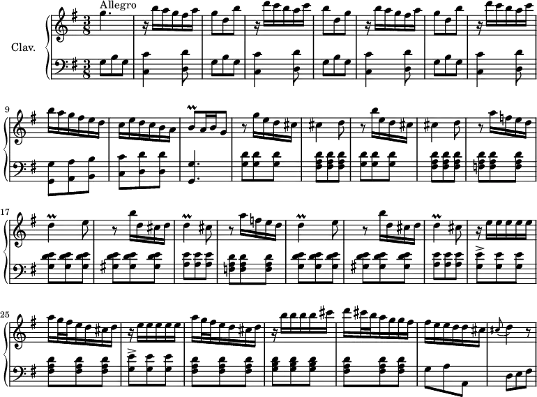 \version "2.18.2"
\header {
  tagline = ##f
  % composer = "Domenico Scarlatti"
  % opus = "K. 152"
  % meter = "Allegro"
}
%% les petites notes
trillD     = { \tag #'print { d4\prall } \tag #'midi { e32 d e d~ d8 } }
trillBq    = { \tag #'print { b8\prall } \tag #'midi { b32 c b c } }
upper = \relative c'' {
  \clef treble 
  \key g \major
  \time 3/8
  \tempo 4. = 72
  \set Staff.midiInstrument = #"harpsichord"
  \override TupletBracket.bracket-visibility = ##f
      s8*0^\markup{Allegro}
      g'4. | r16 b16 a g fis a | g8 d b' | r16 d16 c b a c | b8 d, g |
      % ms. 6
      r16 b16 a g fis a | g8 d b' | r16 d16 c b a c | b a g fis e d | c e d c b a |
      % ms. 11
      \trillBq a16 b   \tempo 4. = 30 g8   \tempo 4. = 72 | r8 g'16 e d cis | cis4 d8 | r8 b'16 e, d cis | cis4 d8 | 
      % ms. 16
      \repeat unfold 2 { r8 a'16 f e d | \trillD e8 | r8 b'16 d, cis d | \trillD cis8 }
      % ms. 24
      \repeat unfold 2 { r16 e16 e e e e | a g32 fis e16 d cis d } |
      % ms. 28
      r16 b'16 b b b cis | d cis32 b a16 g g fis | fis e e d d cis |
      % ms. 31
      \appoggiatura cis8 d4 r8
}
lower = \relative c' {
  \clef bass
  \key g \major
  \time 3/8
  \set Staff.midiInstrument = #"harpsichord"
  \override TupletBracket.bracket-visibility = ##f
    % ************************************** \appoggiatura a16  \repeat unfold 2 {  } \times 2/3 { }   \omit TupletNumber 
      \repeat unfold 4 { g8 b g | < c, c' >4 < d d' >8 }
      % ms. 9
      < g, g' >8 < a a' > < b b' > | < c c' > < d d'> q |
      % ms. 11
      < g, g' >4. | \repeat unfold 2 { < g' d' >8 q q | < fis a d > q q } | 
      % ms. 16
      < f a d >8 q q | < g d' e > q q | < gis d' e > q q | < a e' > q q | < f a d > q q |
      % ms. 21
      < g d' e > q q | < gis d' e > q q | < a e' > q q |
      % ms. 24
      \repeat unfold 2 { < g e' >-> q q | < fis a d > q q } | 
      % ms. 28
      < g b d > q q | < fis a d > q q | g8 a a, |
      % ms. 31
      d8 e fis | 
}
thePianoStaff = \new PianoStaff <<
    \set PianoStaff.instrumentName = #"Clav."
    \new Staff = "upper" \upper
    \new Staff = "lower" \lower
  >>
\score {
  \keepWithTag #'print \thePianoStaff
  \layout {
      #(layout-set-staff-size 17)
    \context {
      \Score
     \override SpacingSpanner.common-shortest-duration = #(ly:make-moment 1/2)
      \remove "Metronome_mark_engraver"
    }
  }
}
\score {
  \keepWithTag #'midi \thePianoStaff
  \midi { }
}