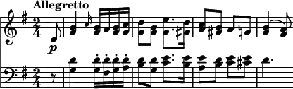 \version "2.18.2"
<<
  \new Staff  \relative c' {
         \clef "treble" 
         \tempo "Allegretto"
         \key g \major
         \time 2/4         
      \partial 8 d8 \p        
       <g b>4  \grace c16 <g b>16 a <g b> <g c> <g d'>8  <g b> <g e'>8.  <gis d'>16 <a c>8  <gis b> a g! <g b>4 ^(<fis a>8)     
}
 \new Staff \relative c {      
         \clef "bass" 
         \key g \major
         \time 2/4 
         \tempo 4 = 90
        \partial 8 r8 <g' d'>4 <g d'-.>16 <fis d'-.> <g d'-.> <a d-.> <b d>8 <g d'>
        <c e>8. <b e>16 <a e'>8 <b d> <c e> <cis e> d4.    
 }
>>