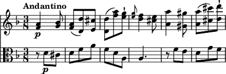<<
  \new Staff  
  \relative c' {
     \version "2.18.2"
     \key f \major
     \tempo "Andantino"
     \time 3/8
   <f a>4\p <g bes>8
    <f a> ( <d d'>)  <e cis'>
     <d d'> (<f' a>) <e g>-!
     << {\grace e8 d4 cis8} {\grace g'8 f4 e8}>>
     <a, a'>4 <gis gis'>8
     <a a'> (<cis cis'>) <d d'>-!
  } 
  \new Staff
  \relative c' {
    \clef alto
    \key f \major
    \time 3/8
    r8 d8\p cis
    d f a
    f d a
    a4.
    r8 f'8 e
    d g f  
  }
>>