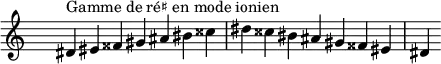 \relative c' { 
  \clef treble \time 7/4 \hide Staff.TimeSignature dis4^\markup { Gamme de ré♯ en mode ionien } eis fisis gis ais bis cisis dis cisis bis ais gis fisis eis dis
}