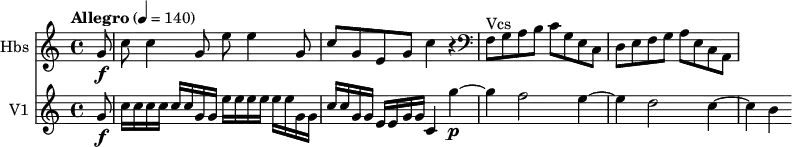 
<<
\new Staff \with { instrumentName = #"Hbs "} \relative c'' {
    \version "2.18.2"
    \key c \major 
    \tempo "Allegro" 4 = 140
    \time 4/4
   \partial 8 g8\f  |
    c c4 g8 e'8 e4 g,8
    c g e g c4 r 
    \clef bass f,,8 ^\markup{Vcs } g a b c g e c
    d e f g a e c a
}
\new Staff \with { instrumentName = #"V1 "}
    
    \relative c'' {
       \key c \major
  
  \partial 8 g8\f  |
  c16 c c c c c g g e'16 e e e e e g, g |
  c16 c g g e e g g c,4 g''~\p |
  g4 f2 e4~ |
  e4 d2 c4~ |
  c4 b
}
>>
