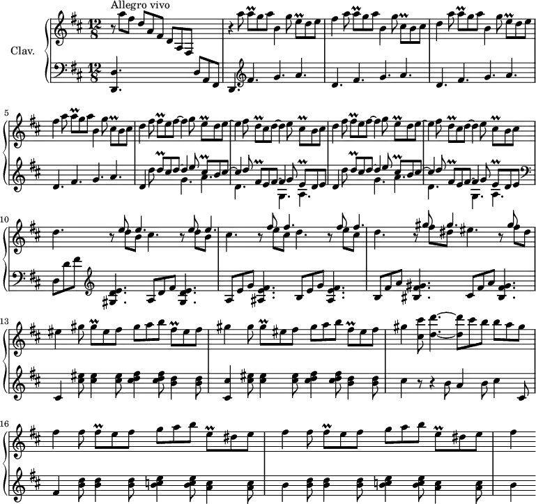 \version "2.18.2"
\header {
  tagline = ##f
  % composer = "Domenico Scarlatti"
  % opus = "K. 214"
  % meter = "Allegro vivo"
}
%% les petites notes
trillAq       = { \tag #'print { a8\prall } \tag #'midi { b32 a b a } }
trillEq       = { \tag #'print { e8\prall } \tag #'midi { fis32 e fis e } }
trillEqDown   = { \tag #'print { e,8\prall } \tag #'midi { fis32 e fis e } }
trillDq       = { \tag #'print { d8\prall } \tag #'midi { e32 d e d } }
trillCisq     = { \tag #'print { cis8\prall } \tag #'midi { d32 cis d cis } }
trillCisqDow  = { \tag #'print { cis,8\prall } \tag #'midi { d32 cis d cis } }
trillFisq     = { \tag #'print { fis8\prall } \tag #'midi { gis32 fis gis fis } }
trillFisqDown = { \tag #'print { fis,8\prall } \tag #'midi { g32 fis g fis } }
trillGisq     = { \tag #'print { gis8\prall } \tag #'midi { a32 gis a gis } }
trillFisGq     = { \tag #'print { fis8\prall } \tag #'midi { g32 fis g fis } }
upper = \relative c'' {
  \clef treble 
  \key d \major
  \time 12/8
  \tempo 4. = 112
  \set Staff.midiInstrument = #"harpsichord"
  \override TupletBracket.bracket-visibility = ##f
      s8*0^\markup{Allegro vivo}
      r8 a'8 fis d a fis d a fis s4. | r4 \repeat unfold 2 { a''8 \trillAq g8 a b,4 g'8 \trillEq d8 e | fis4 a8 \trillAq g8 a b,4 g'8 \trillCisqDow b8 cis |
      % ms. 4
      d4 } fis8 \trillFisq e8 fis~ fis4 g8 \trillEq d8 e~ |
      % ms. 7
      e4 fis8 \trillDq cis d~ d4 e8 \trillCisq b cis | d4 fis8 \trillFisq e8 fis~ fis4 g8 \trillEq d8 e~ | e4 fis8 \trillDq cis d~ d4 e8 \trillCisq b cis |
      % ms. 10
      d4. \repeat unfold 2 { r8 << { e e4. } \\ { d8 b cis4. } >> } \repeat unfold 2 { r8 << { fis fis4. } \\ { e8 cis d4. } >> } r8 << { gis gis4. } \\ { fis8 dis eis4. } >> r8 << { gis } \\ { fis8 dis } >> |
      % ms. 13
      eis4 \repeat unfold 2 { gis8 \trillGisq eis8 fis gis a b \trillFisq eis fis | gis4 } < cis, cis' >8 < d d' >4.~ q8 cis'8 b b a gis |
      % ms. 16 
      \repeat unfold 2 { fis4 fis8 \trillFisGq e8 fis g a b \trillEqDown dis e } | fis4 
}
lower = \relative c' {
  \clef bass
  \key d \major
  \time 12/8
  \set Staff.midiInstrument = #"harpsichord"
  \override TupletBracket.bracket-visibility = ##f
    % ************************************** \appoggiatura \repeat unfold 2 {  } \times 2/3 { }
      < d,, d' >4. s2. d'8 a fis | d4.   \clef treble  fis''4. g a | \repeat unfold 3 { d,4. fis g a }
      % ms. 6
      \repeat unfold 2 { 
      d,4 d'8 
      << { \trillDq cis8 d~ d4 e8 \trillCisq b8 cis~ | cis4 d8 \trillFisqDown e8 fis~ fis4 g8 | \trillEq d e } 
      \\ { s4. g4. a | d, s4. g,4. a } >> }   \clef bass 
      % ms. 10
      d,8 d' fis   \clef treble  < gis, d' e >4. a8 d fis < gis, d' e >4. | a8 e' g < ais, e' fis >4. b8 e g  < ais, e' fis >4. | b8 fis' a < bis, fis' gis >4. cis8 fis a < bis, fis' gis >4. |
      % ms. 13
      cis4 < cis' eis >8 q4 q8 < cis d fis >4 q8 < b d >4 q8 | < cis, cis' >4 < cis' eis >8 q4 q8 < cis d fis >4 q8 < b d >4 q8 | cis4 r8 r4 b8 a4 b8 cis4 cis,8
      % ms. 16
      fis4 \repeat unfold 2 { < b d >8 q4 q8 < b c e >4  q8 < a c >4 q8 | b4 } 
}
thePianoStaff = \new PianoStaff <<
    \set PianoStaff.instrumentName = #"Clav."
    \new Staff = "upper" \upper
    \new Staff = "lower" \lower
  >>
\score {
  \keepWithTag #'print \thePianoStaff
  \layout {
      #(layout-set-staff-size 17)
    \context {
      \Score
     \override SpacingSpanner.common-shortest-duration = #(ly:make-moment 1/2)
      \remove "Metronome_mark_engraver"
    }
  }
}
\score {
  \keepWithTag #'midi \thePianoStaff
  \midi { }
}