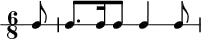 \version "2.18.2"
\header {
  tagline = ##f
}
    
    \new RhythmicStaff  {
    \time 6/8
         \partial 8 b8 b8. b16 b8 b4 b8
      }