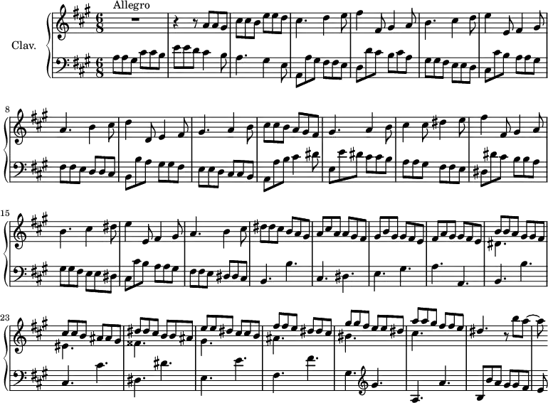 \version "2.18.2"
\header {
  tagline = ##f
  % composer = "Domenico Scarlatti"
  % opus = "K. 405"
  % meter = "Allegro"
}
%% les petites notes
trillBesp     = { \tag #'print { bes4.\prall } \tag #'midi { c32 bes c bes~ bes4 } }
upper = \relative c'' {
  \clef treble 
  \key a \major
  \time 6/8
  \tempo 4. = 98
  \set Staff.midiInstrument = #"harpsichord"
  \override TupletBracket.bracket-visibility = ##f
      s8*0^\markup{Allegro}
      R2. r4 r8 a8 a gis | cis cis b e e d | cis4. d4 e8 |
      % ms. 5
      fis4 fis,8 gis4 a8 | b4. cis4 d8 | e4 e,8 fis4 gis8 | a4. b4 cis8 | d4 d,8 e4 fis8 |
      % ms. 10
      gis4. a4 b8 | cis8 cis b a gis fis | gis4. a4 b8 | cis4 cis8 dis4 e8 | fis4 fis,8 gis4 a8 |
      % ms. 15
      b4. cis4 dis8 | e4 e,8 fis4 gis8 | a4. b4 cis8 | dis8 dis cis b a gis | a cis a a gis fis |
      % ms. 20
      gis8 b gis gis fis e | fis a gis gis fis e | 
      << { b'8 b a gis gis fis | cis' cis b ais ais gis | dis' dis cis b b ais } 
      \\ { dis,4. s4. eis s4. fisis } >>
      % ms. 25
      << { e'8 e dis cis cis b | fis' fis e dis dis cis | gis' gis fis e e dis | a' a gis fis fis e | dis4. }  |
      \\ { gis,4. s4. ais s4. bis s4. cis } >> | r8 b'8 a~
      % ms. 30
      a8 
}
lower = \relative c' {
  \clef bass
  \key a \major
  \time 6/8
  \set Staff.midiInstrument = #"harpsichord"
  \override TupletBracket.bracket-visibility = ##f
    % ************************************** \appoggiatura \repeat unfold 2 {  } \times 2/3 { }
      a8 a gis cis cis b | e e d cis4 b8 | a4. gis4 e8 | a, a' gis fis fis e |
      % ms. 5
      d8 d' cis b cis a | gis gis fis e e d | cis cis' b a a gis | fis fis e d d cis | b b' a gis gis  fis |
      % ms. 10
      e8 e d cis cis b | a a' b cis4 dis8 | e, e' dis cis cis b | a a gis fis fis e | dis dis' cis b b a |
      % ms. 15
      gis8 gis fis e e dis | cis cis' b a a gis | fis fis e dis dis cis | b4. b' | cis, dis |
      % ms. 20
      e4. gis | a a, | b b' | cis, cis' | dis, dis'
      % ms. 25
      e,4. e' | fis, fis' | gis,   \clef treble  gis'4. a, a' | b,8 b' a gis gis fis |
      % ms. 30
      e8
}
thePianoStaff = \new PianoStaff <<
    \set PianoStaff.instrumentName = #"Clav."
    \new Staff = "upper" \upper
    \new Staff = "lower" \lower
  >>
\score {
  \keepWithTag #'print \thePianoStaff
  \layout {
      #(layout-set-staff-size 17)
    \context {
      \Score
     \override SpacingSpanner.common-shortest-duration = #(ly:make-moment 1/2)
      \remove "Metronome_mark_engraver"
    }
  }
}
\score {
  \keepWithTag #'midi \thePianoStaff
  \midi { }
}