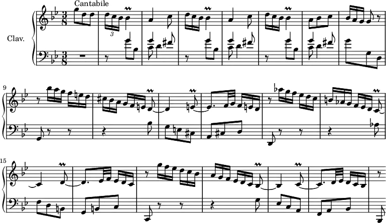 
\version "2.18.2"
\header {
  tagline = ##f
  % composer = "Domenico Scarlatti"
  % opus = "K. 546"
  % meter = "Cantabile"
}

%% les petites notes
trillBes     = { \tag #'print { bes4\prall } \tag #'midi { c32 bes c bes~ bes8 } }
trillDq      = { \tag #'print { d8\prall~ } \tag #'midi { e32 d e d~ } }
trillEq      = { \tag #'print { e8\prall~ } \tag #'midi { f32 e f e~ } }
trillCq      = { \tag #'print { c8\prall~ } \tag #'midi { d32 c d c~ } }
trillBesq    = { \tag #'print { bes8\prall~ } \tag #'midi { c32 bes c bes~ } }

upper = \relative c'' {
  \clef treble 
  \key g \minor
  \time 3/8
  \tempo 4. = 48
  \set Staff.midiInstrument = #"harpsichord"
  \override TupletBracket.bracket-visibility = ##f

      s8*0^\markup{Cantabile}
      g'8 d d | \repeat unfold 2 { \times 2/3 { d16 c bes } \trillBes | a4 c8  \omit TupletNumber } |  
      % ms. 6
      \times 2/3 { d16 c bes } \trillBes | a8 bes c | \times 2/3 { bes16[ a g] } g8 r8 | r8 \times 2/3 { bes'16 a g } \times 2/3 { f16[ e d] } | \times 2/3 { cis16 bes a } \times 2/3 { g16[ f e] } \trillDq
      % ms. 11
      d4 \trillEq | e8. f32 g \times 2/3 { f16[ e d] } | r8 \times 2/3 { aes''16 g f } \times 2/3 { ees16[ d c] } | \times 2/3 { b16 aes g } \times 2/3 { f16[ ees d] } \trillCq | c4 \trillDq |
      % ms. 16
      d8. ees32 f \times 2/3 { ees16[ d c] } | r8 \times 2/3 { g''16 f ees } \times 2/3 { d16[ c bes] } | \times 2/3 { a16 g f } \times 2/3 { ees16[ d c] } \trillBesq | bes4 \trillCq | c8. d32 ees \times 2/3 { d16[ c bes] } |
      % ms. 21
      r8

}

lower = \relative c' {
  \clef bass
  \key g \minor
  \time 3/8
  \set Staff.midiInstrument = #"harpsichord"
  \override TupletBracket.bracket-visibility = ##f

    % ************************************** \appoggiatura \repeat unfold 2 {  } \times 2/3 { }
      R4. | \repeat unfold 3 { << { s8 g'4 g fis8 } \\ { d,8\rest g'8 bes, | c8 d4 } >> }
      % ms. 8
      g8 g, d | g, r8 r8 | r4 bes'8 |
      % ms. 11
      g8 e cis | a cis d | d, r8 r8  | r4 aes''8 | f d b |
      % ms. 16
      g8 b c | c, r8 r8 | r4 g''8 | ees c a | f a bes |
      % ms. 21
      bes,8  

}

thePianoStaff = \new PianoStaff <<
    \set PianoStaff.instrumentName = #"Clav."
    \new Staff = "upper" \upper
    \new Staff = "lower" \lower
  >>

\score {
  \keepWithTag #'print \thePianoStaff
  \layout {
      #(layout-set-staff-size 17)
    \context {
      \Score
     \override SpacingSpanner.common-shortest-duration = #(ly:make-moment 1/2)
      \remove "Metronome_mark_engraver"
    }
  }
}

\score {
  \keepWithTag #'midi \thePianoStaff
  \midi { }
}
