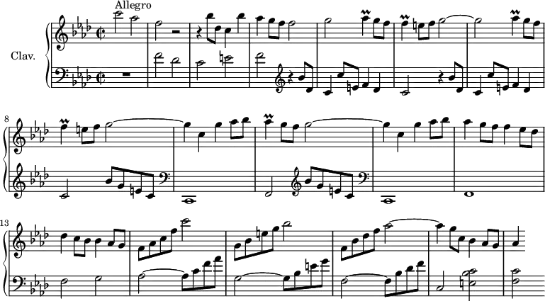 \version "2.18.2"
\header {
  tagline = ##f
  % composer = "Domenico Scarlatti"
  % opus = "K. 364"
  % meter = "Allegro"
}
%% les petites notes
trillAes     = { \tag #'print { aes4\prall } \tag #'midi { bes32 aes bes aes~ aes8 } }
trillF       = { \tag #'print { f4\prall } \tag #'midi { g32 f g f~ f8 } }
upper = \relative c'' {
  \clef treble 
  \key f \minor
  \time 2/2
  \tempo 2 = 84
  \set Staff.midiInstrument = #"harpsichord"
  \override TupletBracket.bracket-visibility = ##f
      s8*0^\markup{Allegro}
      c'2 aes | f r2 | r4 bes8 des, c4 bes'4 | aes g8 f f2 |
      % ms. 5
      \repeat unfold 2 { g2 \trillAes g8 f | \trillF e8 f g2~ } |
      % ms. 9
      g4 c, g' aes8 bes | \trillAes g8 f g2~ | g4 c, g' aes8 bes | aes4 g8 f f4 ees8 des |
      % ms. 13
      des4 c8 bes bes4 aes8 g | f aes c f c'2 | g,8 bes e g bes2 | f,8 bes des f aes2~ |
      % ms. 17
      aes4 g8 c, bes4 aes8 g | aes4
      % ms. 21
      
      % ms. 25
      
}
lower = \relative c' {
  \clef bass
  \key f \minor
  \time 2/2
  \set Staff.midiInstrument = #"harpsichord"
  \override TupletBracket.bracket-visibility = ##f
    % ************************************** \appoggiatura a16  \repeat unfold 2 {  } \times 2/3 { }   \omit TupletNumber 
      R1 | f2 des | c e | f  \repeat unfold 2 { \clef treble r4 bes8 des, |
      % ms. 5
      c4 c'8 e, f4 des | c2 } bes'8 g e c |   \clef bass
      % ms. 9
      c,,1 | f2  \clef treble  bes''8 g e c |   \clef bass c,,1 | f
      % ms. 13
      f'2 g | aes2~ aes8 c f aes | g,2~ g8 bes e g | f,2~ f8 bes des f |
      % ms. 17
      c,2 < e bes' c >2 | < f c' >
      % ms. 21
      
      % ms. 25
      
}
thePianoStaff = \new PianoStaff <<
    \set PianoStaff.instrumentName = #"Clav."
    \new Staff = "upper" \upper
    \new Staff = "lower" \lower
  >>
\score {
  \keepWithTag #'print \thePianoStaff
  \layout {
      #(layout-set-staff-size 17)
    \context {
      \Score
     \override SpacingSpanner.common-shortest-duration = #(ly:make-moment 1/2)
      \remove "Metronome_mark_engraver"
    }
  }
}
\score {
  \keepWithTag #'midi \thePianoStaff
  \midi { }
}