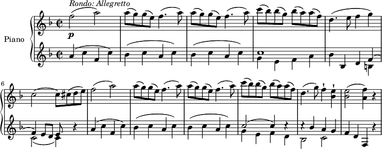 \version "2.18.2"
\header {
tagline = ##f
}
upper = \relative c' {
\clef treble
\key f \major
\time 2/2
\tempo "Allegretto"
\tempo 4 = 130
%\autoBeamOff
f'2 \p^\markup{ \italic {Rondo: Allegretto } } (a)
\repeat unfold 2 {a8 (g) g (e) f4. (a8)}
c8 (bes) bes (g) bes (a) a (f)
d4. (e8 f4 g)
c,2 (c8) cis (d e)
f2 (a)
\repeat unfold 2 {a8 (g) g (e) f4. (a8)}
c8 (bes) bes (g) bes (a) a (f)
d4. (g8) f4-! <bes, e>-!
<bes e>2 (<a f'>4) r
}
lower = \relative c {
\clef bass
\key f \major
\time 2/2
\clef treble
a''4 (c f, c')
\repeat unfold 2 {bes (c a c)}
<< { \stemDown g4 e f a} \\ { c1 } >>
bes4 bes, d << { \stemDown b4 c2 _(c4)} \\ { \stemUp f4 ^(f) e8 d e } >> r4
a4 (c f, c')
\repeat unfold 2 {bes (c a c)}
<< { \stemDown g4 e f d bes2 c2} \\ {\stemUp c'2 ^(c4) c \rest c \rest bes a g } >>
f4 d f, r
}
\score {
\new PianoStaff <<
\set PianoStaff.instrumentName = #"Piano"
\new Staff = "upper" \upper
\new Staff = "lower" \lower
>>
\layout {
\context {
\Score
\remove "Metronome_mark_engraver"
}
}
\midi { }
}