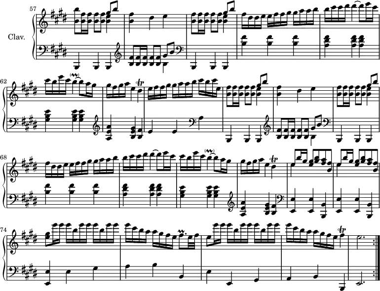 \version "2.18.2"
\header {
  tagline = ##f
}
%% les petites notes
trillDis = { \tag #'print { dis4\trill } \tag #'midi { \repeat unfold 2 { e32 dis } e \tempo 4 = 76 dis~ dis16 \tempo 4 = 90 } }
trillFisqp = { \tag #'print { fis8.\prall } \tag #'midi { gis32 fis gis fis~ fis16 } }
trillB = { \tag #'print { b4~-\parenthesize\prall } \tag #'midi { cis32 b cis b~ b8~ } }
%trillFis = { \tag #'print { fis4\trill } \tag #'midi { \repeat unfold 2 { gis32 fis } gis fis~ \tempo 4 = 60 fis~ fis \tempo 4 = 90 } }
trillFis = { \tag #'print { fis4\trill } \tag #'midi { \repeat unfold 2 { gis32 fis } gis fis~ \tempo 4 = 60 e~ fis \tempo 4 = 90 } }
upper = \relative c'' {
  \clef treble 
  \key e \major
  \time 3/4
  \tempo 4 = 90
  \omit Staff.TimeSignature
  \set Staff.midiInstrument = #"harpsichord"
  \set Score.currentBarNumber = #57
  \bar ""
  < b b' >8 < b fis' >16 q q8 q << { gis'8 b } \\ { < b, e >4 } >> | < b fis' >4 dis e |
  % ms. 59 à 63 = 67 à 71 <!-- Longo : double note sur la figure rythmique ms. 59 — je suis K. Gilbert -->
  < b fis' >8 q16 q q8 q << { gis'8 b } \\ { < b, e >4 } >> | fis'16 dis dis e  e fis fis gis  gis a a b | b cis cis dis dis4~ dis8 e16 cis |
  cis16 b e cis \trillB b8 a16 gis | gis fis gis a e4 \trillDis | 
  % ms. 64 à 66 intermédiaire
  e16 fis fis gis  gis a a b  cis b cis e, | < b fis' >8 q16 q q8 q << { gis'8 b } \\ { < b, e >4 } >> | < b fis' >4 dis e |
  % ms. 67 à 71 (= 59 à 63)
  < b fis' >8 q16 q q8 q << { gis'8 b } \\ { < b, e >4 } >> | fis'16 dis dis e  e fis fis gis  gis a a b | b cis cis dis dis4~ dis8 e16 cis |
  cis16 b e cis \trillB b8 a16 gis | gis fis gis a e4 \trillDis |
  % ms. 72
  \repeat unfold 2 { << { e8 b'16 gis < e gis >8 < gis b > < fis a > < b, fis' > } \\ { e4 s2 } >> } | 
  % ms. 74
  < e gis >8 e'16 e e b e e e b e e | e cis b a  a gis fis e  \trillFisqp e32 fis | 
          e8 e'16 e e b e e e b e e | e cis b a  a gis fis e \trillFis | e2. \bar ":|."
}
lower = \relative c {
  \clef bass
  \key e \major
  \time 3/4
  \omit Staff.TimeSignature
  \set Staff.midiInstrument = #"harpsichord"
    % **************************************
   % ms. 57
   b,4 b b | \clef treble < b'' fis' >8 q16 q q8 q << { gis' b } \\ { b,4 } >> \clef bass |
   % ms. 59
   b,,4 b b | < b'' fis' >4 q q | < a dis fis >4 q q | < gis b e >4 q q \clef treble | 
   % ms. 63
   < a e' a >4 < b e gis > < b fis' >
   % ms. 64
   e4 e   \clef bass a, |
   % ms. répétées 65 à 71 = 57 à 63
   b,,4 b b | \clef treble < b'' fis' >8 q16 q q8 q << { gis' b } \\ { b,4 } >> \clef bass |
   % ms. 59
   b,,4 b b | < b'' fis' >4 q q | < a dis fis >4 q q | < gis b e >4 q q \clef treble | 
   % ms. 63
   < a e' a >4 < b e gis > < b fis' >   \clef bass | 
   \repeat unfold 2 { < e,, e' >4 q < b b' > } | < e e' >4 e' gis | a b b, | e e, gis | a b b, | e2. 
}
thePianoStaff = \new PianoStaff <<
    \set PianoStaff.instrumentName = #"Clav."
    \new Staff = "upper" \upper
    \new Staff = "lower" \lower
  >>
\score {
  \keepWithTag #'print \thePianoStaff
  \layout {
      #(layout-set-staff-size 17)
    \context {
      \Score
     \override SpacingSpanner.common-shortest-duration = #(ly:make-moment 1/2)
      \remove "Metronome_mark_engraver"
    }
  }
}
\score {
  \keepWithTag #'midi \thePianoStaff
  \midi { }
}