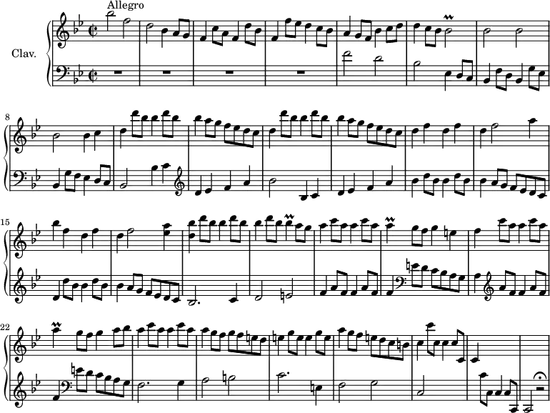 \version "2.18.2"
\header {
  tagline = ##f
  % composer = "Domenico Scarlatti"
  % opus = "K. 360"
  % meter = "Allegro"
}
%% les petites notes
trillBesb     = { \tag #'print { bes2\prall } \tag #'midi { c32 bes c bes~ bes8~ bes4 } }
trillBes      = { \tag #'print { bes4\prall } \tag #'midi { c32 bes c bes~ bes8 } }
trillA        = { \tag #'print { a4\prall } \tag #'midi { bes32 a bes a~ a8 } }
upper = \relative c'' {
  \clef treble 
  \key bes \major
  \time 2/2
  \tempo 2 = 72
  \set Staff.midiInstrument = #"harpsichord"
  \override TupletBracket.bracket-visibility = ##f
      s8*0^\markup{Allegro}
      bes'2 f | d bes4 a8 g | f4 c'8 a f4 d'8 bes | f4 f'8 ees d4 c8 bes |
      % ms. 5
      a4 g8 f bes4 c8 d | d4 c8 bes \trillBesb | bes2 bes | bes bes4 c |
      % ms. 9
      \repeat unfold 2 { d4 \repeat unfold 2 { d'8 bes bes4 } a8 g f ees d c } |
      % ms. 13
      d4 f d f | d f2 a4 | bes f d f | d f2 < ees a >4
      % ms. 17
      < d bes' >4 \repeat unfold 2 { d'8 bes bes4 } d8 bes \trillBes a8 g | \repeat unfold 2 { a4 c8 a } \trillA g8 f g4 e |
      % ms. 21
      f4 c'8 a a4 c8 a | \trillA g8 f g4 a8 bes | \repeat unfold 2 { a4 c8 a } | a4 g8 f g f e d |
      % ms. 25
      \repeat unfold 2 { e4 g8 e } | a4 g8 f e d c b | c4 c'8 c, c4 c8 c, | c4 s2. | s1
}
lower = \relative c' {
  \clef bass
  \key bes \major
  \time 2/2
  \set Staff.midiInstrument = #"harpsichord"
  \override TupletBracket.bracket-visibility = ##f
    % ************************************** \appoggiatura a16  \repeat unfold 2 {  } \times 2/3 { }   \omit TupletNumber 
      R1*4 |
      % ms. 5
      f2 d | bes ees,4 d8 c | bes4 f'8 d bes4 g'8 ees | bes4 g'8 f ees4 d8 c |
      % ms. 9
      bes2  bes'4 c |   \clef treble  d ees f a | bes2 bes,4 c d ees f a |
      % ms. 13
      \repeat unfold 2 { bes4 d8 bes } | bes4 a8 g f ees d c | d4 \repeat unfold 2 { d'8 bes bes4 } a8 g f ees d c |
      % ms. 17
      bes2. c4 | d2 e | \repeat unfold 2 { f4 a8 f } f4  \clef bass e8 d c bes a g |
      % ms. 21
      a4  \clef treble  \repeat unfold 2 { a'8 f f4 }  \clef bass e8 d c bes a g | f2. g4 | a2 b |
      % ms. 25
      c2. e,4 | f2 g | c, s2 | s4 c'8 c, c4 c8 c, | c2 r2\fermata
}
thePianoStaff = \new PianoStaff <<
    \set PianoStaff.instrumentName = #"Clav."
    \new Staff = "upper" \upper
    \new Staff = "lower" \lower
  >>
\score {
  \keepWithTag #'print \thePianoStaff
  \layout {
      #(layout-set-staff-size 17)
    \context {
      \Score
     \override SpacingSpanner.common-shortest-duration = #(ly:make-moment 1/2)
      \remove "Metronome_mark_engraver"
    }
  }
}
\score {
  \keepWithTag #'midi \thePianoStaff
  \midi { }
}