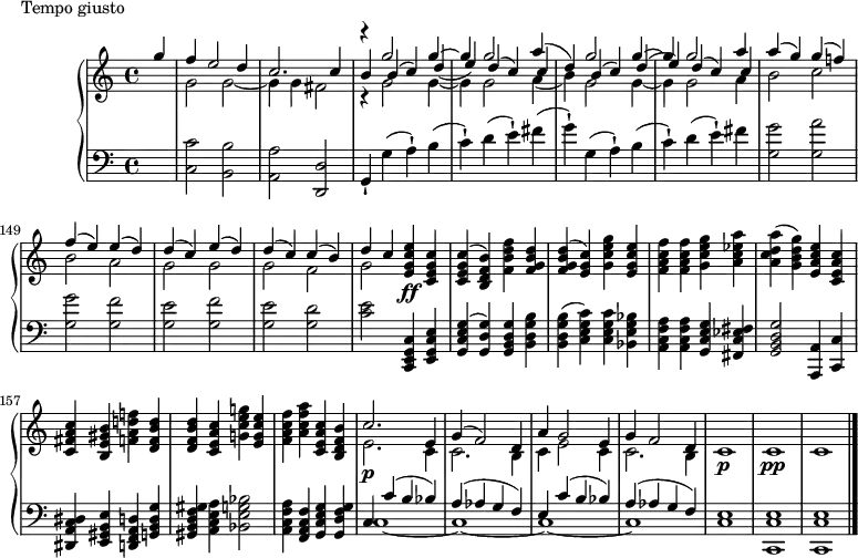 
\version "2.18.2"
\header {
  tagline = ##f
}
upper = \relative c'' {
  \clef treble 
  \key c \major
  \time 4/4
  \tempo 2 = 100
  \set Score.currentBarNumber = #142

   %%Montgeroult — Étude 68 (pdf p. 222, extr. 224)

   \partial 4 
   << { g'4 f e2 d4 c2. c4 } \\ { s4 g2 g~ g4 g fis2  } >>
   << { r4 g'2 g4~ g g2 a4( d,) g2 g4~ g g2 a4 } \\ { r4 g,2 g4~ g g2 a4( b) g2 g4~ g g2 a4 } \\ { b4 b( c) d_( e) d( c) c4 s4 b4( c) d( e) d( c) c } >>
   
   << { a'4( g) g( f!) f( e) e( d) d( c) e( d) d( c) c( b) } \\ { b2 c b a g g g f } >>  % phrase sur deux portées 
   << { d'4 c } \\ { g2 } >>

   < e' c g e >4\ff < c g e c > | q^( < b f d b >) < f' d b f > < d b g f > | q^( < c g e >) < g' e c g > < e c g e > < f c a f > q < g e c g > < a ees c a > | 
   < a d, c a >( < g d b g >) < e c a e > < c a e c > | < c a fis c > < b gis e b > < f'! d! a f! > < d b f d > q < c a e c > < g'! e c g! > < e c g e > < f c a f > < a f c a > < c, a e c > < b f d b >

   << { c2. e,4 g( f2) d4 a' g2 e4 g f2 d4 } \\ { e2.\p c4 c2. b4 c e2 c4 c2. b4 } >>
   c1\p c \pp c \bar "|."

}

lower = \relative c {
  \clef bass
  \key c \major
  \time 4/4

   s4 < c' c, >2 < b b, > < a a, > < d, d, > g,4-! g'( a-!) b( c-!) d( e-!) fis( g-!) 
   g,4( a-!) b( c-!) d( e-!) fis
   < g g, >2 < a g, > < g g, > < f g, > < e g, > < f g, > < e g, > < d g, > % phrase a traiter
   < e c >2 < c, g e c >4 < e, g c e > | < g c e g >^( < g' d g, >) < g d b g > < b g d b >
   q^( < c g e c >) q < bes g e bes > < a f c a > q < g e c g > < fis ees c fis, > | 
   < g d b g >2 < a, a, >4 < c c, > | < dis c a dis, > < e b gis e > < d a f d > < g d b g >
   < gis f d b gis >4 < a e c a > < bes g e bes >2 | < a f c a >4 < f c a f > < g e c g > < g f d g, >
   << { c,4 c'( b bes) a( aes g f) e \tempo 2 = 92 c'( b bes) a( aes g f) e1 e e } \\ { c1~ c~ c~ c c < c c, >1 q } >>

}

  \header {
    piece = "Tempo giusto"
  }

\score {
  \new PianoStaff <<

    \new Staff = "upper" \upper
    \new Staff = "lower" \lower
  >>
  \layout {
    \override TupletBracket.bracket-visibility = ##f
    \context {
      \Score
      \remove "Metronome_mark_engraver"

    }
  }
  \midi { }
}
