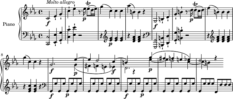 \version "2.18.2"
\header {
  tagline = ##f
}
upper = \relative c' {
  \clef treble 
  \key ees \major
  \time 4/4
  \tempo "Molto allegro"
  \tempo 4 = 145
  %\autoBeamOff
  % Incipit Mozart, sonate K.457
  c2\f^\markup \italic { Molto allegro }  ees4-! g-!
  c-! ees-! r8. ees16\p ees8\trill( d16 ees) 
  g4( c,) c c
  aes'( b,!) b r4
  g,2\f b4-! d-! 
  g-! b-! r8. d16\p d8\trill( c16 d) 
  f4 ( b,) b b 
  g' ( c,) c r4
  g2. \f << { ees'4\p ~ ees d2 c4~ \f (b) g,\rest } \\ { g'4 (fis4 f e ees ) d2. } >>
  << {g'4\p (fis f e ees) d2 r4 } \\ { ees4 ~ ees d2 c4 ~  c (b)} >>
}
lower = \relative c {
  \clef bass
  \key ees \major
  \time 4/4
    
   < c c, >2 < ees-! ees, >4 < g-! g, > 
   < c-! c, >  < ees-! ees, > r2
   r4 \clef treble 
  < g ees >4 \p \repeat unfold 2 { < g ees >4 } r4 \repeat unfold 2 { < aes f d >4 } r4
  \clef  bass
   < g,,, g' >2 < b-! b' >4 < d-! d' >
   < g-!  g' >  < b-! b' > r2
   r4 \clef treble 
   \repeat unfold 3 { < d' f aes >4 } r4 \repeat unfold 2 { < ees g c >4 } r4
   \clef  bass
   g,,8\f g' g, g' g,\p g' \repeat unfold 5 { g, g'}
   g,8\f g' g, g' g,\p g' \repeat unfold 5 { g, g'}
   g, g' g g f, f' f f
} 
\score {
  \new PianoStaff <<
    \set PianoStaff.instrumentName = #"Piano"
    \new Staff = "upper" \upper
    \new Staff = "lower" \lower
  >>
  \layout {
    \context {
      \Score
      \remove "Metronome_mark_engraver"
    }
  }
  \midi { }
}