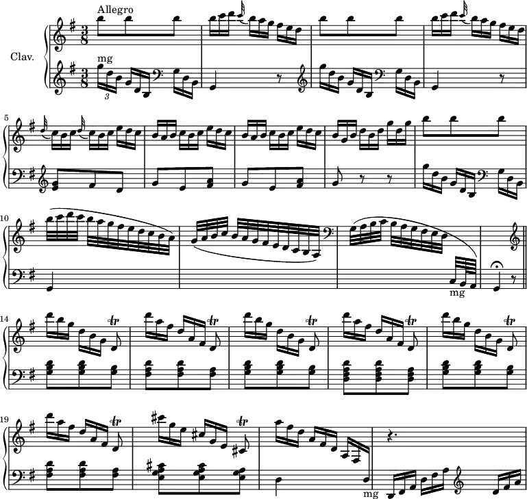 
\version "2.18.2"
\header {
  tagline = ##f
}

%% les petites notes
trillD     = { \tag #'print { d8\trill } \tag #'midi { \times 2/3 { e32 d e } d16 } }
trillCis     = { \tag #'print { cis8\trill } \tag #'midi { \times 2/3 { d32 cis d } cis16 } }


upper = \relative c'' {
  \clef treble 
  \key g \major
  \time 3/8
  \tempo 4. = 54
  \set Staff.midiInstrument = #"harpsichord"
  \override TupletBracket.bracket-visibility = ##f

  s8*0^\markup{Allegro}
  \repeat unfold 2 {
  b'8 b b | \omit TupletNumber \times 2/3 { b16[ c d] } \times 2/3 { \appoggiatura c32 b16[ a g] } \times 2/3 { fis16[ e d] }
  }
  % ms. 5
  \repeat unfold 2 { \times 2/3 { \appoggiatura d32 c16[ b c] } } \times 2/3 { e16 d c } | \repeat unfold 2 { \times 2/3 { b16[ a b] } \times 2/3 { c16 b c } \times 2/3 { e16[ d c] } } | \times 2/3 { b16 g b } \times 2/3 { d16[ b d] } \times 2/3 { g16 d g } | b8 b b |
  % ms. 10
    b32[( c d c] b32 a g fis \times 4/5 { e d c b a) } | g32[( a b c] b a g fis \times 4/5 { e d c b a) } | \clef bass g32[( a b c] b a g fis e d \stemUp \change Staff = "lower" c32-\markup{mg}[ b64 a)] | g4\fermata s8 \stemDown \change Staff = "upper" \clef treble \stemNeutral | 

  % ms. 14
    \repeat unfold 3 {
    \times 2/3 { d''''16 b g } \times 2/3 { d[ b g] } \trillD | \times 2/3 { d''16 a fis } \times 2/3 { d[ a fis] } \trillD |
    }

   % ms. 20
   \times 2/3 { cis''16 g e } \times 2/3 { cis16[ g e] } \trillCis  |  \times 2/3 { a''16 fis d } \times 2/3 { a16[ fis d] } \times 2/3 { a16 fis \change Staff = "lower" \tempo 4. = 48 d16-\markup{mg} } \change Staff = "upper" r4.

}

lower = \relative c {
  \clef bass
  \key g \major
  \time 3/8
  \set Staff.midiInstrument = #"harpsichord"
  \override TupletBracket.bracket-visibility = ##f

    % **************************************
   s8*0^\markup{mg}
    \repeat unfold 2 {
    \clef treble \times 2/3 { g'''16 d b } \omit TupletNumber \times 2/3 { g[ d b] } \clef bass \times 2/3 { g d b } | g4 r8 \clef treble
    }

    % ms. 6
    < e'' g >8 fis d \repeat unfold 2 { g8 e < fis a > } | g8 r8 r8 | \times 2/3 { g'16 d b } \times 2/3 { g[ d b] }   \clef bass \times 2/3 { g d b } | g4 s8 s4. | s4. | s4  r8 \bar "||"
    % ms. 14
    < g' b d >8-\tweak stencil ##f \p q < g b > | < fis a d >8 q < fis a > | < g b d >8 q < g b > | < d fis a d >8 q < d fis a > | < g b d >8 q < g b > | < fis a d >8 q < fis a > |
    % ms. 20
    < e g a cis >8 q < e g a > | d4-\tweak stencil ##f \f s8 | \times 2/3 { d,16 \tempo 4. = 54 fis a } \times 2/3 { d[ fis a] } \clef treble \times 2/3 { d fis a } | 

}

thePianoStaff = \new PianoStaff <<
    \set PianoStaff.instrumentName = #"Clav."
    \new Staff = "upper" \upper
    \new Staff = "lower" \lower
  >>

\score {
  \keepWithTag #'print \thePianoStaff
  \layout {
      #(layout-set-staff-size 17)
    \context {
      \Score
     \override SpacingSpanner.common-shortest-duration = #(ly:make-moment 1/2)
      \remove "Metronome_mark_engraver"
    }
  }
}

\score {
  \keepWithTag #'midi \thePianoStaff
  \midi { }
}

