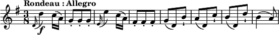 \relative c' {
\version "2.18.2"
\key g \major
\time 3/8
\tempo "Rondeau : Allegro"
\tempo 4 = 130
\appoggiatura d16 d'4\f c16 (a) g8-. g-. g-. \appoggiatura e16 e'4 c16 (a) fis8-. fis-. fis-. g (d) b'-! a (d,) c'-! b (d,) d'-! b4 (a8) }