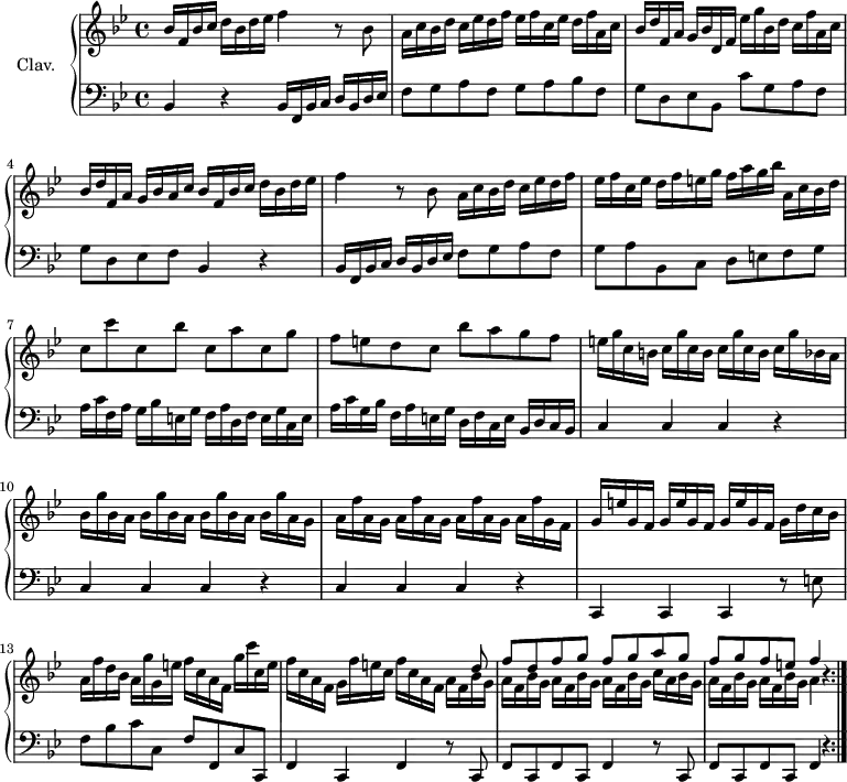 \version "2.18.2"
\header {
  tagline = ##f
  % composer = "Domenico Scarlatti"
  % opus = "K. 70"
  % meter = ""
}
%% les petites notes
%trillBesp     = { \tag #'print { bes4.\prall } \tag #'midi { c32 bes c bes~ bes4 } }
upper = \relative c'' {
  \clef treble 
  \key bes \major
  \time 4/4
  \tempo 4 = 102
  \set Staff.midiInstrument = #"harpsichord"
  \override TupletBracket.bracket-visibility = ##f
  \repeat volta 2 {
      %s8*0^\markup{Allegro}
      bes16 f bes c d bes d ees f4 r8 bes,8 | a16 c bes d c ees d f ees f c ees d f a, c |
      % ms. 3
      bes16 d f, a g bes d, f ees' g bes, d c f a, c | bes d f, a g bes a c bes f bes c d bes d ees | f4 r8 bes,8 a16 c bes d c ees d f | 
      % ms. 6
      ees16 f c ees d f e g f a g bes| a, c bes d | c8 c' c, bes' c, a' c, g' | f e d c bes' a g f |
      % ms. 9
      e16 g c, b \repeat unfold 2 { c g' c, b } c g' bes, a | \repeat unfold 3 { bes g' bes, a } bes g' a, g | \repeat unfold 3 { a f' a, g } a f' g, f 
      % ms. 12
      \repeat unfold 3 { g16 e' g, f } g16 d' c bes | a f' d bes a g' g, e' f c a f g' c c, e | f c a f g f' e c f c a f 
      % ms. 14 suite
      << { s8 d'8 | f d f g f g a g | f g f e f4 b,4\rest } \\ { \repeat unfold 4 { a16 f bes g } c a bes g \repeat unfold 2 { a16 f bes g } a4 } >> }%repet
}
lower = \relative c' {
  \clef bass
  \key bes \major
  \time 4/4
  \set Staff.midiInstrument = #"harpsichord"
  \override TupletBracket.bracket-visibility = ##f
  \repeat volta 2 {
    % ************************************** \appoggiatura a16  \repeat unfold 2 {  } \times 2/3 { }   \omit TupletNumber 
      bes,4 r4 bes16 f bes c d bes d ees | f8  g a f g a bes f |
      % ms. 3
      g8 d ees bes c' g a f | g d ees f bes,4 r4 | bes16 f bes c d bes d ees f8  g a f |
      % ms. 6
      g8 a bes, c d e f g  | a16 c f, a g bes e, g f a d, f e g c, e | a c g bes f a e g d f c e bes d c bes |
      % ms. 9
      \repeat unfold 3 { c4 c c r4 } | c,4 c c r8 e'8 | f bes c c, f f, c' c, | f4 c f r8 c8 |
      % ms. 12
      f8 c f c f4 r8 c8 | f c f c f4 r4 }%repet
      % ms. 15
      
}
thePianoStaff = \new PianoStaff <<
    \set PianoStaff.instrumentName = #"Clav."
    \new Staff = "upper" \upper
    \new Staff = "lower" \lower
  >>
\score {
  \keepWithTag #'print \thePianoStaff
  \layout {
      #(layout-set-staff-size 17)
    \context {
      \Score
     \override SpacingSpanner.common-shortest-duration = #(ly:make-moment 1/2)
      \remove "Metronome_mark_engraver"
    }
  }
}
\score {
  \unfoldRepeats 
  \keepWithTag #'midi \thePianoStaff
  \midi { }
}