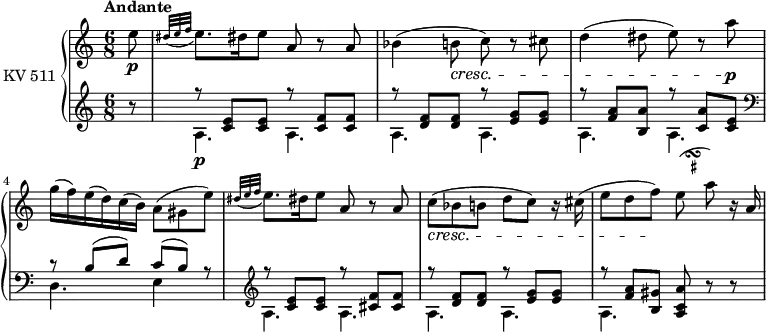 
\version "2.14.8"
\header {
  tagline = ##f
}

upper= \relative c' {
  \clef treble 
  \key c \major
  \time 6/8 
  \tempo "Andante"
  \tempo 4 = 60
  \set Staff.midiInstrument = #"piano"

   \partial 8 e'8\p 
   \grace { dis32 (e f } e8.) [dis!16 e8] a, r a
   bes4 (b8\cresc c) r cis
   d4 (dis8 e) r a\p
   g16 (f) e (d) c (b) a8 (gis e')
   \grace { dis32 (e f } e8.) [dis!16 e8] a, r a
   c8\cresc (bes b d c) r16 cis16
   (e8 d f)\! \transpose d e \relative c'' <<
         { d8 ( g) }
         {
           s16
           \once \set suggestAccidentals = ##t
           \once \override AccidentalSuggestion.outside-staff-priority = ##f
           \once \override AccidentalSuggestion.avoid-slur = #'inside
           \once \override AccidentalSuggestion.font-size = -3
           \once \override AccidentalSuggestion.script-priority = -1
           \single \hideNotes
           b16-\turn \noBeam
           s8
} >> r16 a,16
   
}

lower=\relative c' {
  \clef bass
  \key c \major
  \time 6/8
  \set Staff.midiInstrument = #"piano"
   \set Staff.midiMinimumVolume = #0.1 
   \set Staff.midiMaximumVolume = #0.4 
   \partial 8 \clef treble r8
   <<  { r8 \stemUp <c e>  <c e> r <c f>  <c f> r  <d f>  <d f> r <e g>  <e g> r  <f a>  <b, a'> r <c a'>  <c e> } \\ {\stemDown a4.\p a a a a a}>> 
   \clef bass <<  { r8 \stemUp b (d)   c (b) r }  \\ {\stemDown d,4. e4 s8} >>
   \clef treble
   <<  { r8 \stemUp <c' e>  <c e> r <cis f>  <cis f> r  <d f>  <d f> r <e g>  <e g> r  <f a>  <b, gis'> <a c a'>  } \\ {\stemDown a4. a a a a } >> r8 r
} 
\score {
       \new PianoStaff \with { instrumentName = #"KV 511" }
       <<
         \new Staff = "upper" \upper
         \new Staff = "lower" \lower
       >>
\layout { }
\midi { } }
