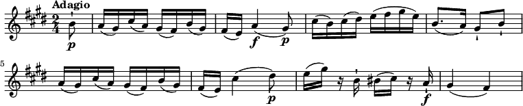 \relative c' {
   \version "2.18.2"
   \key e \major
   \time 2/4
   \tempo "Adagio"
   \tempo 4 = 60
\partial 8 b'8-!\p 
a16 (gis) cis (a) gis (fis) b (gis) 
fis (e) a4\f (gis8)\p
cis16 (b) cis (dis) e (fis gis e)
b8. (a16) gis8-! b-!
a16 (gis) cis (a) gis (fis) b (gis)
fis (e) cis'4 (dis8\p)
e16 (gis) r16 b,16-! bis (cis) r16 a16-!\f
gis4 (fis)
}