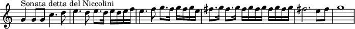 \header {
  tagline = ##f
}
\score {
  \new Staff \with {
    \remove "Time_signature_engraver"
  }
  \relative c'' {
    \key c \major
    \time 4/4
    \tempo 4 = 96
    %\autoBeamOff
    \clef treble
    \override Rest #'style = #'classical
    \set Staff.midiInstrument = #"trumpet"
      % Sonata « detta del Niccolini » 
      g4^"Sonata detta del Niccolini" g8 g c4. d8 | e4. d8 e8. d16 e d e f | e4. f8 g8. f16 g f g e | fis8. g16 fis8. g16 fis g fis g fis g fis g | fis2. e8 fis | g1
  }
  \layout {
    \context {
      \Score
      \remove "Metronome_mark_engraver"
    }
  }
  \midi {}
}