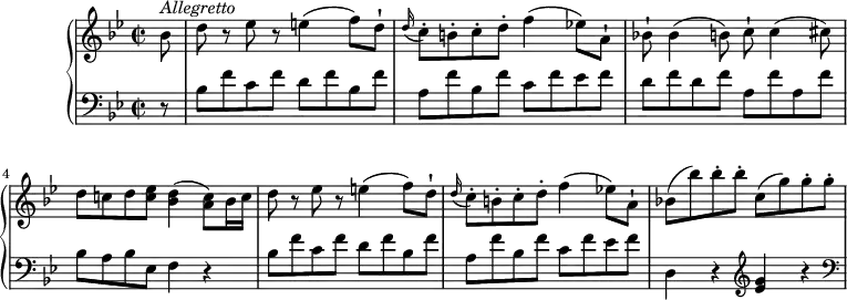 \version "2.18.2"
\header {
tagline = ##f
}
upper = \relative c'' {
\clef treble
\key bes \major
\tempo "Allegretto"
\time 2/2
\tempo 4 = 120
\partial 8 bes8^\markup{ \italic {Allegretto} } d r ees r e4 (f8) d-!
\grace d16 (c8-.) b-. c-. d-. f4 (ees!8) a,-!
bes!-! bes 4 (b8) c-! c4 (cis8)
d c! d <c ees> <bes d>4 (<a c>8) bes16 c
d8 r ees r e4 (f8) d-!
\grace d16 (c8-.) b-. c-. d-. f4 (ees!8) a,-!
bes!8 (bes') bes-. bes-. c, (g') g-. g-.
}
lower =\relative c' {
\clef bass
\key bes \major
\set Staff.midiMinimumVolume = #0.2 \set Staff.midiMaximumVolume = #0.5
\partial 8 r8
bes f' c f d f bes, f'
a, f' bes, f' c f ees f
d f d f a, f' a,f'
bes, a bes ees, f4 r
bes8 f' c f d f bes, f'
a, f' bes, f' c f ees f
d,4 r \clef treble <ees'g>4 r \clef bass
}
\score {
\new PianoStaff <<
\new Staff = "upper" \upper
\new Staff = "lower" \lower
>>
\layout {
\context {
\Score
\remove "Metronome_mark_engraver"
}
}
\midi { }
}