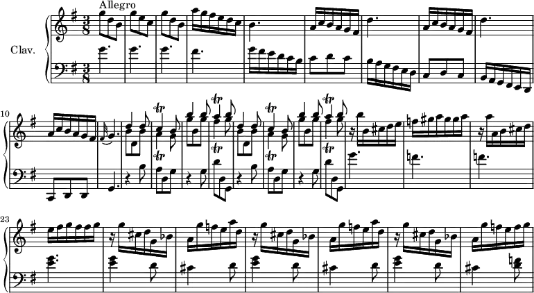 \version "2.18.2"
\header {
  tagline = ##f
}
%% les petites notes
trillA         = { \tag #'print { a4\trill } \tag #'midi { b32 a b a~ a8 } }
trillC         = { \tag #'print { c4\trill } \tag #'midi { d32 c d c~ c8 } }
trillFis       = { \tag #'print { fis4\trill } \tag #'midi { g32 fis g fis~ fis8 } }
upper = \relative c'' {
  \clef treble 
  \key g \major
  \time 3/8
  \tempo 4. = 72
  \set Staff.midiInstrument = #"harpsichord"
      s8*0^\markup{Allegro}
      g'8 d b | g' e c | g' d b | a'16 g fis e d c | b4. | a16 c b a g fis |
      % ms. 7
      \repeat unfold 2 { d'4. | a16 c b a g fis } | \appoggiatura fis32   \tempo 4. = 45 g4. |   \tempo 4. = 72 \repeat unfold 2 { << { d'4 d8 | \trillC b8 | b'4 b8 | \trillA b8 } \\ { b,8 d, b' | \trillA g8 | g'8 b, g' | \trillFis g8 } >> } |
      % ms. 20
      r16 b16 b, cis d e | f gis a gis gis a | r16 a a, b cis d | e fis g fis fis g | r16 g16 cis, d g, bes |
      % ms. 25
      \repeat unfold 2 { a16 g' f e a d, | r16 g16 cis, d g, bes } | a16 g' f e f g |
      % ms. 30
      
}
lower = \relative c' {
  \clef bass
  \key g \major
  \time 3/8
  \set Staff.midiInstrument = #"harpsichord"
    % **************************************
      \repeat unfold 3 { g'4. } fis4. | g16 fis e d c b | c8 d c | 
      % ms. 7
      b16 a g fis e d | c8 d c | b16 a g fis e d | c8 d d | g4. | \repeat unfold 2 { r4 b'8 |
      % ms. 13
      a8 d, g | r4 g8 | d' d, g, } |
      % m. 20
      g''4. f f < e g >4. \repeat unfold 2 { q4 d8 |
      % ms. 25
      cis4 d8 } | < e g >4 d8 | cis4 < d f >8 |
      % ms. 30
      
}
thePianoStaff = \new PianoStaff <<
    \set PianoStaff.instrumentName = #"Clav."
    \new Staff = "upper" \upper
    \new Staff = "lower" \lower
  >>
\score {
  \keepWithTag #'print \thePianoStaff
  \layout {
      #(layout-set-staff-size 17)
    \context {
      \Score
     \override SpacingSpanner.common-shortest-duration = #(ly:make-moment 1/2)
      \remove "Metronome_mark_engraver"
    }
  }
}
\score {
  \keepWithTag #'midi \thePianoStaff
  \midi { }
}