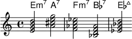 <<
    \new ChordNames \chordmode {
  e2:m7 a:7 f:m7 bes:7 ees:maj 
  }
  \new Staff \relative c'{
<e g b d> < a cis e g > <f aes c ees> <bes, d f aes> <ees g bes d> }
  >>