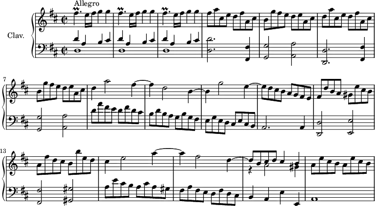 \version "2.18.2"
\header {
  tagline = ##f
  % composer = "Domenico Scarlatti"
  % opus = "K. 511"
  % meter = "Allegro"
}
%% les petites notes
trillFisp     = { \tag #'print { fis4.\prall } \tag #'midi { g32 fis g fis~ fis4 } }
upper = \relative c'' {
  \clef treble 
  \key d \major
  \time 2/2
  \tempo 2 = 92
  \set Staff.midiInstrument = #"harpsichord"
  \override TupletBracket.bracket-visibility = ##f
      s8*0^\markup{Allegro}
      \repeat unfold 3 { \trillFisp e16 fis g4 g } | fis8 a cis, e d fis a, cis |
      % ms. 5
      b8 g' fis e d e a, cis | d a' cis, e d fis a, cis | b g' fis e d e a, cis | d4 a'2 fis4~ |  fis d2 b4~ |
      % ms. 10
      b4 g'2 e4~ | e8 d cis b a g fis e  | fis d' b a gis e' cis b | a fis' d cis b b' e, d |
      % ms. 14
      cis4 e2 a4~ | a fis2 << { \stemDown d4~ \stemUp | d8 b cis d cis4 b } \\ { s4 r4 a2 gis4 } >> | a8 e' cis b a e' cis b |
      % ms. 18
      
}
lower = \relative c' {
  \clef bass
  \key d \major
  \time 2/2
  \set Staff.midiInstrument = #"harpsichord"
  \override TupletBracket.bracket-visibility = ##f
    % ************************************** \appoggiatura a16  \repeat unfold 2 {  } \times 2/3 { }   \omit TupletNumber 
      \repeat unfold 3 { << { d4 a b cis } \\ { d,1 } >> } | < d d' >2. < fis, fis' >4
      % ms. 5
      < g g' >2 < a a' > | < d, d' >2. < fis fis' >4 | < g g' >2 < a a' > | d'8 a' fis e d fis d cis | b d b a g b g fis |
      % ms. 10
      e8 g e d cis e cis b | a2. a4 | < d, d' >2 < e e' > | < fis fis' > < gis gis' >
      % ms. 14
      a'8 e' cis b a cis a gis | fis a fis e d fis d cis | b4 a e' e, | a1 |
      % ms. 18
      
}
thePianoStaff = \new PianoStaff <<
    \set PianoStaff.instrumentName = #"Clav."
    \new Staff = "upper" \upper
    \new Staff = "lower" \lower
  >>
\score {
  \keepWithTag #'print \thePianoStaff
  \layout {
      #(layout-set-staff-size 17)
    \context {
      \Score
     \override SpacingSpanner.common-shortest-duration = #(ly:make-moment 1/2)
      \remove "Metronome_mark_engraver"
    }
  }
}
\score {
  \keepWithTag #'midi \thePianoStaff
  \midi { }
}