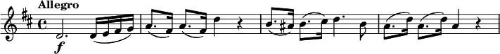 \relative c' {
  \version "2.18.2"
  \key d \major
  \tempo "Allegro"
  \tempo 4 = 130
  d2.\f d16(e fis g) | a8.(fis16) a8.(fis16) d'4 r | b8.(ais16) b8.(cis16) d4. b8 | a8.(d16) a8.(d16) a4 r
}