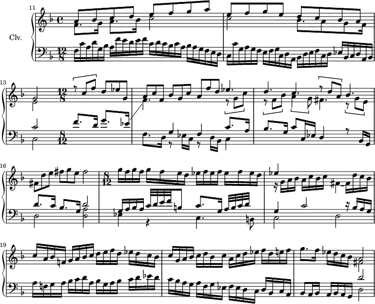 
\version "2.18.2"
\header {
  tagline=##f
}
upper=\relative c'' {
  \clef treble 
  \key f \major
  \time 12/8
  \set Staff.timeSignatureFraction=4/4
  \tempo 4=60
  \set Score.currentBarNumber=#11
  \override TupletBracket.bracket-visibility=##f
  \bar ""

  << { a8 bes c d e f g a|e f g e d c bes a|g2 } \\ { f8.*8/9 g16*4/3 a8.*8/9 bes16*4/3 c2|c2 bes8.*8/9 a8 g f16*4/3|e2 } >>
  \set Staff.timeSignatureFraction=12/8
  << { \times 2/3 { r8 c' f } \times 2/3 { d ees g, } \times 2/3 { a8 c f, } \times 2/3 { bes8 g c } \times 2/3 { a8 f' d } } \\ { \stemUp \change Staff="lower" f,8. d16 g8. ees16 \showStaffSwitch \stemDown \change Staff="upper" f4. } >>
  << { \times 2/3 { ees'4. }|\times 2/3 { d } \times 2/3 { c } \times 2/3 { r8 d a } \times 2/3 { bes4. } } \\ { \times 2/3 { r8 g c } \times 2/3 { r8 f, bes } \times 2/3 { a4 g8 } \times 2/3 { fis4. } \times 2/3 { r8 g e } } >>
  \times 2/3 { fis d' e } \times 2/3 { fis g  e } fis2

  \time 4/4
  \set Staff.timeSignatureFraction=8/12
   g16 f g f  g f e d  ees f ees f  ees f ees d 
  << { ees4 } \\ { r16 g, a bes a c bes c fis,4~ fis16 d' c bes|} >>
  c16 a bes f! g a bes c d e f d ees d c bes|c g a bes  c d bes c  a c d ees  f d e! f  g8. f16 ees d c bes 
  << { a2 } \\ { fis2 } >>

}

lower=\relative c {
  \clef bass
  \key f \major
  \time  4/4
  \set Staff.timeSignatureFraction=12/8
  \override TupletBracket.bracket-visibility=##f

   \times 2/3 { f16[ c' a d g, bes] a[ f' e d e f] c[ d c bes c a] bes[ a g f e d]|
   c[ c' g a g f] e[ f g c, d a] bes[ d e f c d] ees[ bes c d a bes] }
   << { c'2 } \\ { c,2 }  >>  \time 4/4
   \set Staff.timeSignatureFraction=8/12
   << { s2. g'4 f  c'8. a16 bes8. g16 c8 c,16 ees d4 r8 bes16 g } \\ { s2 f'8. d16 r8 ees16 c r8 d16 bes c4 } >>
   << { d'8. c16 bes8. g16 d'2|g,16 a bes a c32 d e f b,!8 c8. g16 a32 b c d s8 g,4 c2 r16 bes a g } \\ { d2 < a' d, >|ees4 r4 c4. b!8|c2 d } >>
   a'16 f! g a bes c d  a bes g a bes c d ees d|c bes a g  a f g ees  f ees d c  d bes c a |bes8 a16 bes a bes a g 
   << { d''2 } \\ { d,2 } >>
   
}

\score {
  \new PianoStaff <<
    \set PianoStaff.instrumentName=#"Clv."
    \new Staff="upper" \upper
    \new Staff="lower" \lower
  >>
  \layout {
      #(layout-set-staff-size 17)
    \context {
      \Score
     \override SpacingSpanner.common-shortest-duration=#(ly:make-moment 1/2)
      \omit TupletNumber
      \remove "Metronome_mark_engraver"
    }
  }
  \midi { \set Staff.midiInstrument=#"harpsichord" }
}
