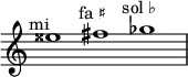 \relative c'' {
      \time 3/1
      \override Staff.TimeSignature #'stencil = ##f
      eisis1^\markup { \center-align "mi 𝄪" }
      fis^\markup { \center-align "fa ♯" }
      ges^\markup { \center-align "sol ♭" }
    }