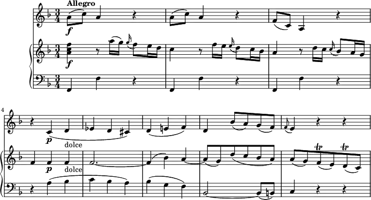 
\version "2.18.2"
\header {
  tagline = ##f
}
upper = \relative c'' {
                 \key f \major
                 \time 3/4
                 \tempo 4 = 140
                <a c f>4\f r8 a'16 (g)  \grace g16 (f8) e16 d
                c4 r8 f16 e  \grace e16 (d8) c16 bes
                a4 r8 d16 c  \grace c16 (bes8) a16 g
                f4 f\p f _\markup {dolce}  f2. ~ f4 (bes)
                a  ~ a8 (g) d' (c bes a)
                a (g) f\trill (e) d\trill (c)
            }
  
lower =  \relative c {
         \clef bass 
                  \key f \major
                  \time 3/4
           f,4 f' r  f,4 f' r  f,4 f' r
           r a (bes c bes a)
           bes (g f)
           bes,2 ~ bes8 (b)
           c4 r r
             }
      
 vl = \relative c'' {
              \key f \major
              \time 3/4
           a8\f ^ \markup {\bold {"Allegro"} } (c) a4 r
           a8 (c) a4 r
           f8 (c) a4 r
           r c\p (d_\markup {dolce} ees d cis)
           d (e! f)
           d bes'8 (a) g (f) 
           \grace f8 (e4) r r
                 }
                 
                 
\score {
    \new GrandStaff <<
      \new PianoStaff <<  
        \new Staff = "upper" \upper
        \new Staff = "lower" \lower
    >>
   \new Staff = "vl" \vl
    >>
    
    \layout {
    \context {
      \Score
      \remove "Metronome_mark_engraver"
    }
  }
  \midi { }
}
