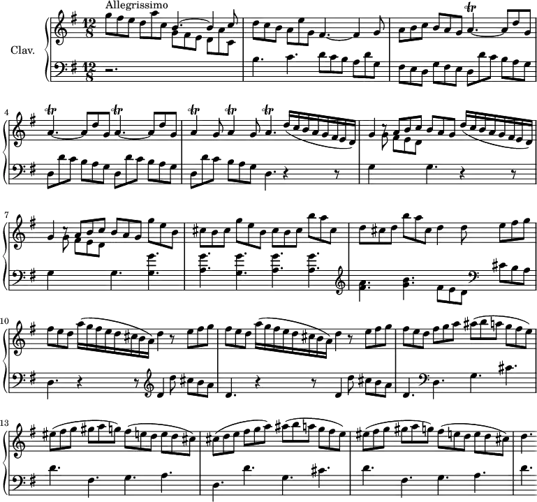 \version "2.18.2"
\header {
  tagline = ##f
  % composer = "Domenico Scarlatti"
  % opus = "K. 103"
  % meter = "Allegrissimo"
}
%% les petites notes
trillAp     = { \tag #'print { a4.\trill~ } \tag #'midi { b32 a b a~ a4~ } }
trillA      = { \tag #'print { a4\trill } \tag #'midi { b32 a b a~ a8 } }
upper = \relative c'' {
  \clef treble 
  \key g \major
  \time 12/8
  \tempo 4. = 110
  \set Staff.midiInstrument = #"harpsichord"
  \override TupletBracket.bracket-visibility = ##f
  \omit TupletNumber
      s8*0^\markup{Allegrissimo}
      g'8 fis e d a' c, \stemUp b4.^~ b4 c8 \stemNeutral | d8 c b a e' g, fis4.~ fis4 g8 | a8 b c b a g \repeat unfold 3 { \trillAp a8 d g, } |
      % ms. 5
      \repeat unfold 2 { \trillA g8 } \trillAp \repeat unfold 2 { \times 6/8 { d16( c b a g fis e d) } | g4 c8\rest \stemUp a b c b a g } \stemNeutral g'8 e b 
      % ms. 8
      cis8 b cis g' e b  cis b cis b' a cis,  d cis d b' a cis,   d4 d8 \repeat unfold 2 { e fis g |
      % ms. 10
      fis8 e d \times 6/8 { a'16( g fis e d cis b a) } d4 r8 } e8 fis g | fis e d fis g a ais( b a g fis e) |
      % ms. 13
      eis8( fis g gis a g) fis( e d e d cis) | cis( d e fis g a) ais( b a g fis e) |  eis8( fis g gis a g) fis( e d e d cis) |
      % ms. 16
      d4.
}
lower = \relative c' {
  \clef bass
  \key g \major
  \time 12/8
  \set Staff.midiInstrument = #"harpsichord"
  \override TupletBracket.bracket-visibility = ##f
    % ************************************** \appoggiatura \repeat unfold 2 {  } \times 2/3 { }
      r2. \stemDown \change Staff = "upper" g'8 fis e d a' c, | \change Staff = "lower" b4. c d8 c b a d g, | fis e d g fis e \repeat unfold 4 { d d' c b a g } |
      % ms. 5
      d4. r4 r8 | g4 \stemDown \change Staff = "upper" g'8 fis e d \change Staff = "lower" g,4. r4 r8 |
      % ms. 7
       g4 \stemDown \change Staff = "upper" g'8 fis e d \change Staff = "lower" g,4. \repeat unfold 2 { < g g' >4. | < a g' > } < a g' >4. |   \clef treble  < fis' a >4. < g b > fis8 e d   \clef bass  cis b a | \stemNeutral
      % ms. 10
      d,4. \repeat unfold 2 { r4 r8  \clef treble   d'4 d'8 cis b a d,4. }    \clef bass d,4. g cis |
      % ms. 13
      d4. fis, g a | d, d' g, cis d | fis, g a | d
}
thePianoStaff = \new PianoStaff <<
    \set PianoStaff.instrumentName = #"Clav."
    \new Staff = "upper" \upper
    \new Staff = "lower" \lower
  >>
\score {
  \keepWithTag #'print \thePianoStaff
  \layout {
      #(layout-set-staff-size 17)
    \context {
      \Score
     \override SpacingSpanner.common-shortest-duration = #(ly:make-moment 1/2)
      \remove "Metronome_mark_engraver"
    }
  }
}
\score {
  \keepWithTag #'midi \thePianoStaff
  \midi { }
}
