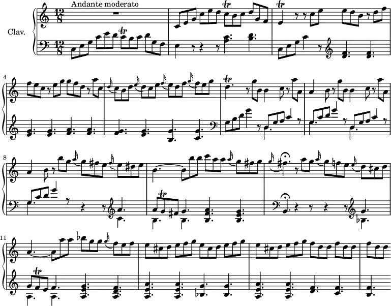 \version "2.18.2"
\header {
  tagline = ##f
  % composer = "Domenico Scarlatti"
  % opus = "K. 199"
  % meter = "Andante moderato"
}
%% les petites notes
trillCq     = { \tag #'print { c8\trill } \tag #'midi { d32 c d c } }
trillE      = { \tag #'print { e4\trill } \tag #'midi { f32 e f e~ e8 } }
trillGq     = { \tag #'print { g8\trill } \tag #'midi { a32 g a g } }
trillDp     = { \tag #'print { d4.\trill } \tag #'midi { e32 d e d~ d4 } }
trillFq     = { \tag #'print { f8\trill } \tag #'midi { g32 f g f } }
upper = \relative c'' {
  \clef treble 
  \key c \major
  \time 12/8
  \tempo 4. = 68
  \set Staff.midiInstrument = #"harpsichord"
  \override TupletBracket.bracket-visibility = ##f
      s8*0^\markup{Andante moderato}
      R1. | c,8 e g c e d \trillCq b c d g, f | \trillE r8 r8 c'8 e  e d b r8 d f |
      % ms. 4
      f8 e c r8 e g g f d r8 a' c, | \appoggiatura d16 c8 b d \appoggiatura e16 d8 c e \appoggiatura f16 e8 d f \appoggiatura g16 f8 e g | \trillDp r8 \repeat unfold 2 { g8 b, b4 c8 r8 a'8 a, |
      % ms. 7
      a4 b8 r8 } b'8 g \appoggiatura a16 g8 fis e \appoggiatura fis16 e8 dis e | b4.~ b8 b' b c a a \appoggiatura a16 g8 fis g |
      % ms. 10
      \appoggiatura g16 fis4.\fermata r8 a8 g \appoggiatura a16 g8 f e \appoggiatura e16 d8 cis d | a4.~ a8 a' a bes g g  \appoggiatura g16 f8 e f | e cis d e f g e cis d e f g |
      % ms. 13
      e8 cis d e f g \repeat unfold 3 { f d d } |
}
lower = \relative c' {
  \clef bass
  \key c \major
  \time 12/8
  \set Staff.midiInstrument = #"harpsichord"
  \override TupletBracket.bracket-visibility = ##f
    % ************************************** \appoggiatura \repeat unfold 2 {  } \times 2/3 { }
      c,8 e g c e d \trillCq b c d g, f | e4 r8 r4 r8 < a c >4. < b d > | c,8 e g c4 r8    \clef treble  < d f >4. q |
      % ms. 4
      < e g >4. q < f a > q | <f g > < e g > < b g' > < c g' > |   \clef bass  g8 b d g4 r8 \repeat unfold 2 { << { d,8 g a c4 r8 | g8 c d g4 r8 } \\ { \mergeDifferentlyDottedOn d,4. s4. | g4. s4. } >> }
      % ms. 8 fin
      r4 r8   \clef treble  << { a'4. | a8 \trillGq fis8 g4. } \\ { c,4. | b b } >> < b fis' a >4. < b e g >   \clef bass 
      % ms. 10
        \tempo 4. = 55 b,4.\fermata   \tempo 4. = 68 r4 r8 r4 r8 \clef treble  << { g''4. | g8 \trillFq e f4. } \\ { bes,4. | a a } >> < a e' g >4. < a d f > | < a e' a > q < bes g' > q |
      % ms. 13
      < a e' a >4. q < d f > < c f > | < b f' >
}
thePianoStaff = \new PianoStaff <<
    \set PianoStaff.instrumentName = #"Clav."
    \new Staff = "upper" \upper
    \new Staff = "lower" \lower
  >>
\score {
  \keepWithTag #'print \thePianoStaff
  \layout {
      #(layout-set-staff-size 17)
    \context {
      \Score
     \override SpacingSpanner.common-shortest-duration = #(ly:make-moment 1/2)
      \remove "Metronome_mark_engraver"
    }
  }
}
\score {
  \keepWithTag #'midi \thePianoStaff
  \midi { }
}