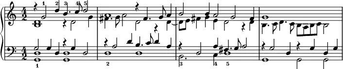 \version "2.14.2"
\header {
  tagline = ##f
}
upper = \relative c' {
  \clef treble 
  \key a \minor
  \time 4/2
  \tempo 2 = 50
  \autoBeamOff
  \set Staff.midiInstrument = #"harpsichord"
    << { r4 g'2^1 d'4^2 b4.^3 c8^4 d2^5 } \\ { << d,1 b1 >> r4 d2 g4 } >> 
    << { a1 r4 fis4. g8 a4 } \\ { fis4. g8 a2 d, r4 d4~ } >> 
    << { b'2 b4 a2 g fis4 } \\ { d8 e fis4 g e d2 r4 d4 } >> 
    << { g1 } \\ { b,4. c8 d4. c8 b a b c b2 } >> 
   % << { a'4\rest g4~ g16 d e f g a b c } \\ { s4 << d,2 b >> } >> 
   % << { d'4. c8 b a b4 } \\ { s2 s4 g4 } \\ { << g1 d >> }  >>
}
lower = \relative c {
  \clef bass
  \key a \minor
  \time 4/2
  \set Staff.midiInstrument = #"harpsichord"
    << { g'2 g4 d r4 g4 d2 } \\ { << d1 g,1_1 >> << d'1 g,1 >> } >> 
    << { r4 a'2 d4 b4. c8 d4 a } \\ { d,1_2 d } >> 
    << { r4 d2 a'4 fis4. g8 a2 } \\ { b,2._3 c4_4 d1_5 } >> 
    << { r4 g2 d4 r4 g4 d g } \\ { g,1 g2 g } >> 
   % << { g'2 g4 d } \\ { << d1 g,1 >> } >> 
   % << { r4 g'4~ g16 d e f g a b c } \\ { << d,1 g,1 >> } >> 
}
\score {
  \new PianoStaff <<
    \set PianoStaff.instrumentName = #""
    \new Staff = "upper" \upper
    \new Staff = "lower" \lower
  >>
  \layout {
    \context {
      \Score
      \remove "Metronome_mark_engraver"
    }
  }
  \midi { }
}